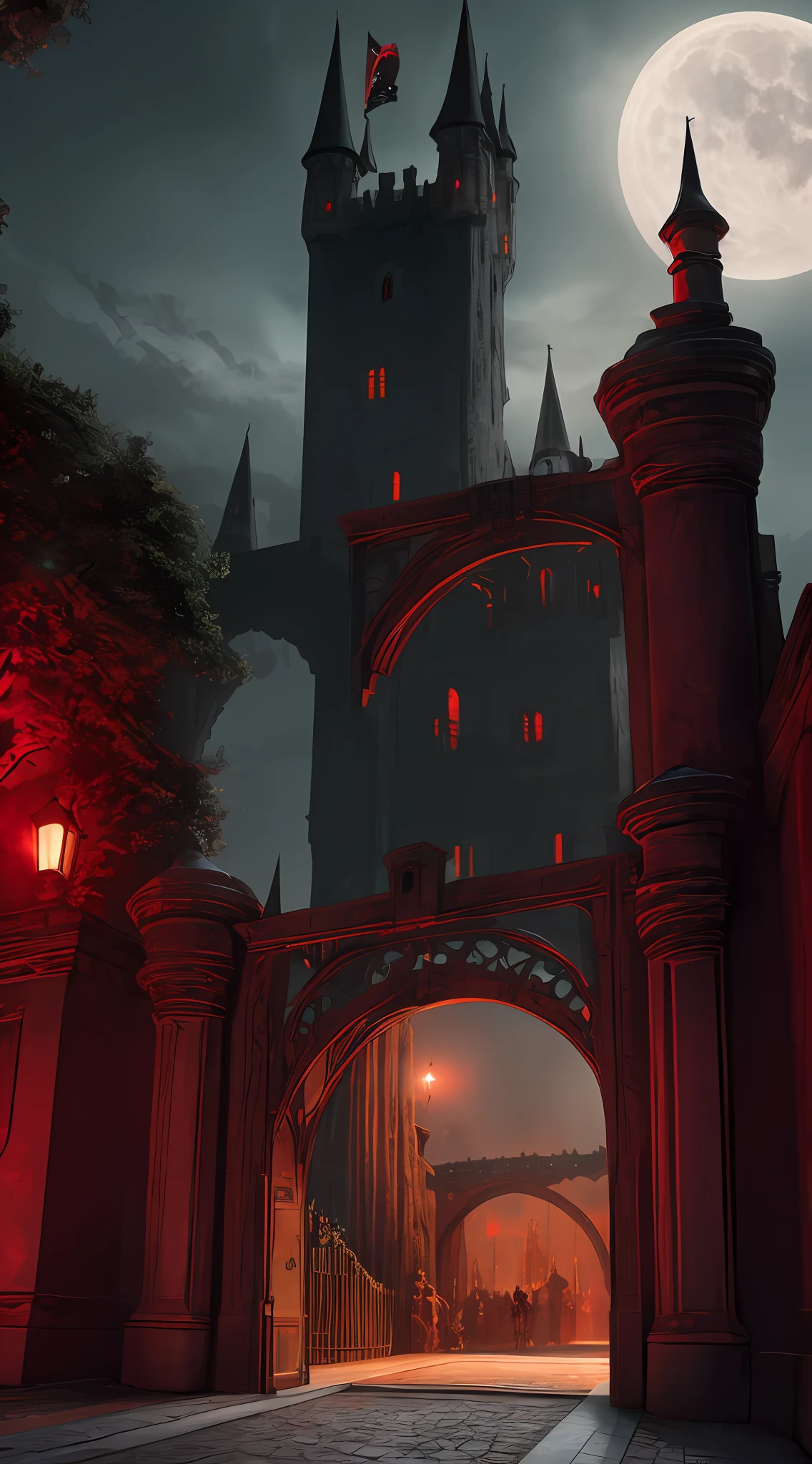 upper bod(Crimson Moon,Dark red night),Lower((An old castle,Batman stands at the city gate:Flashlight in hand,Wearing a black cape,Look at the gate)),8K quality,offcial art,Mechanical punk style,Detailed details