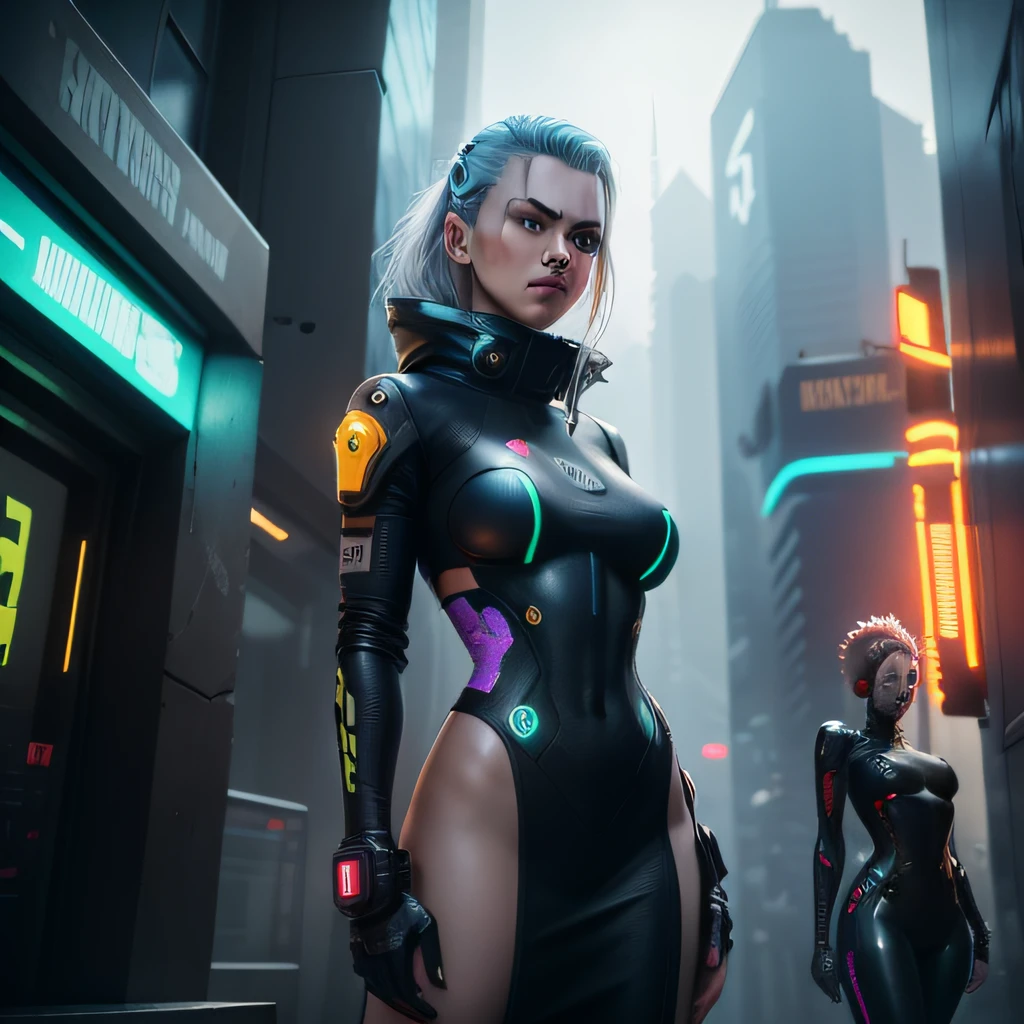 a woman in a futuristic outfit standing in front of a building, scifi woman, cyberpunk 2 0 y. o model girl, cyberpunk angry gorgeous goddess, cyberpunk beautiful girl, cyborg girl, epic scifi character art, sci-fi female, cute cyborg girl, female cyborg, epic sci - fi character art, epic sci-fi character art, sci fi female character