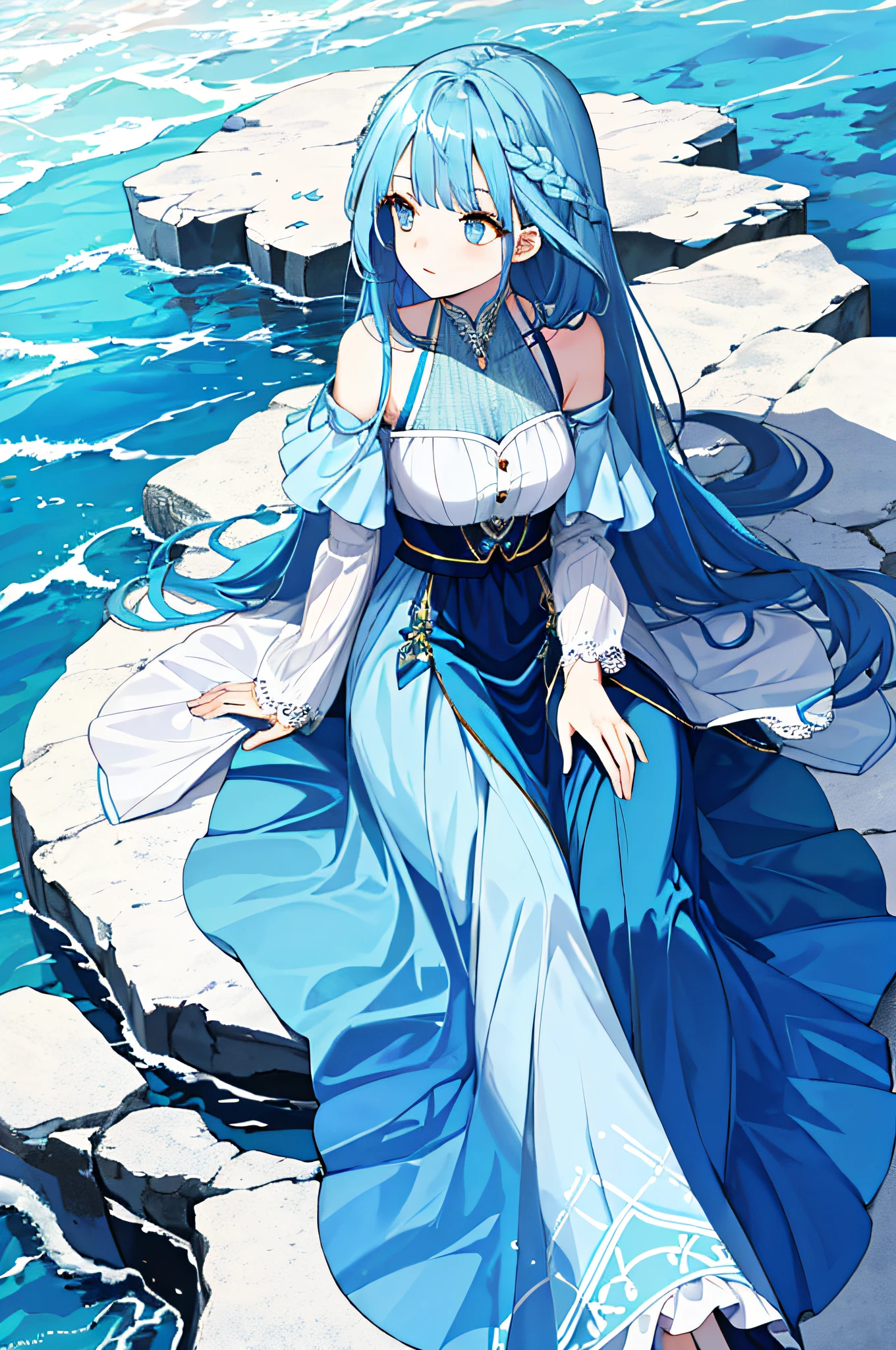 Beautiful girl,head looking up,blue long hair,Hair links to the ocean,Fashionab,long skirt,Delicatemakeup,Rich lines
