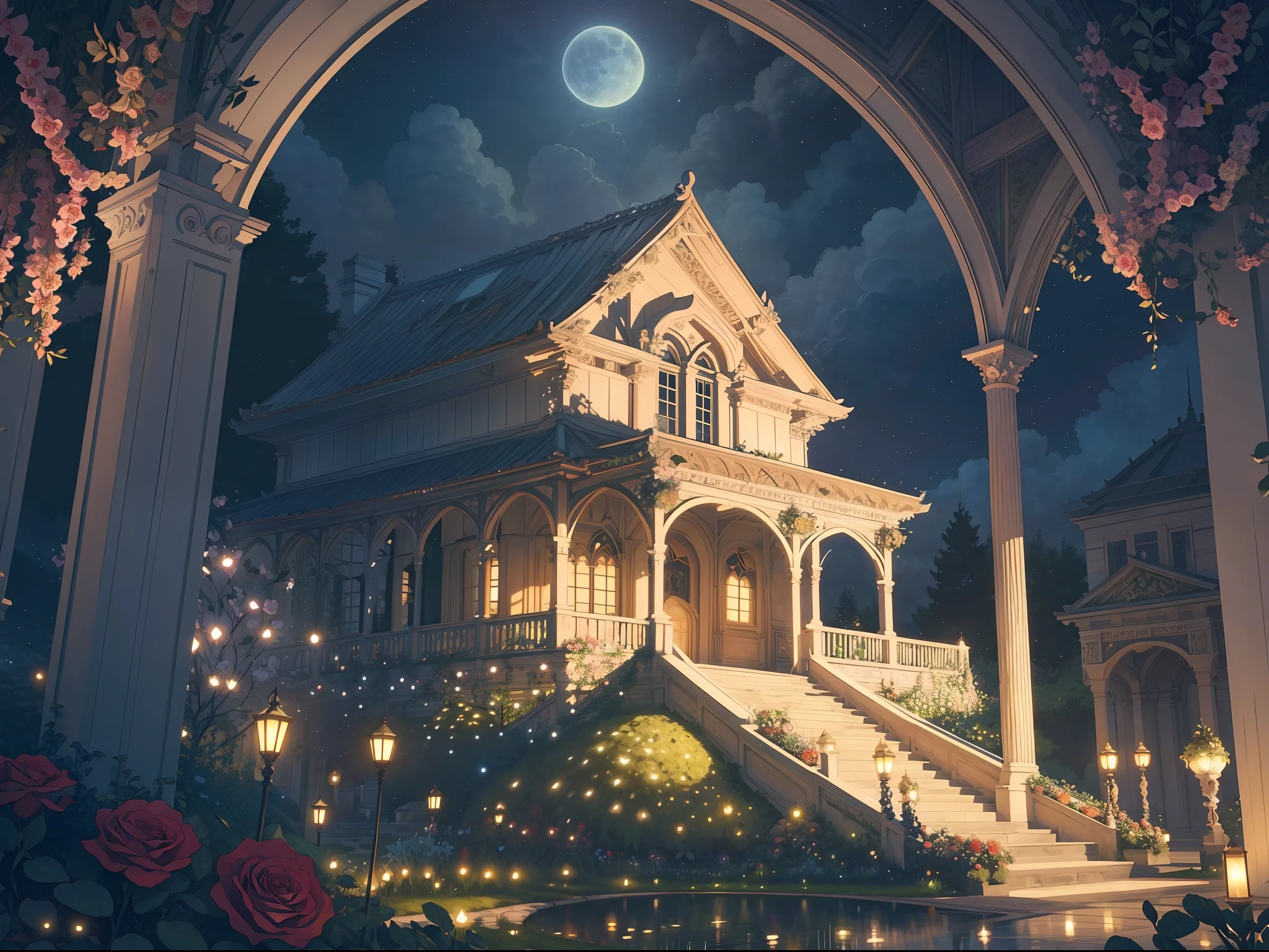 (Illustration:1.3), (secret garden), lush, floral, rose, (botanical), romanticism, moody, space, stars, nebula, beautiful clouds, moon, trellis, lattice, garden, gazebo, (realistic:1.5), (good shading), good architecture, volumetric lighting, cinematic, good architecture, (highest quality, award winning, masterpiece:1.5),