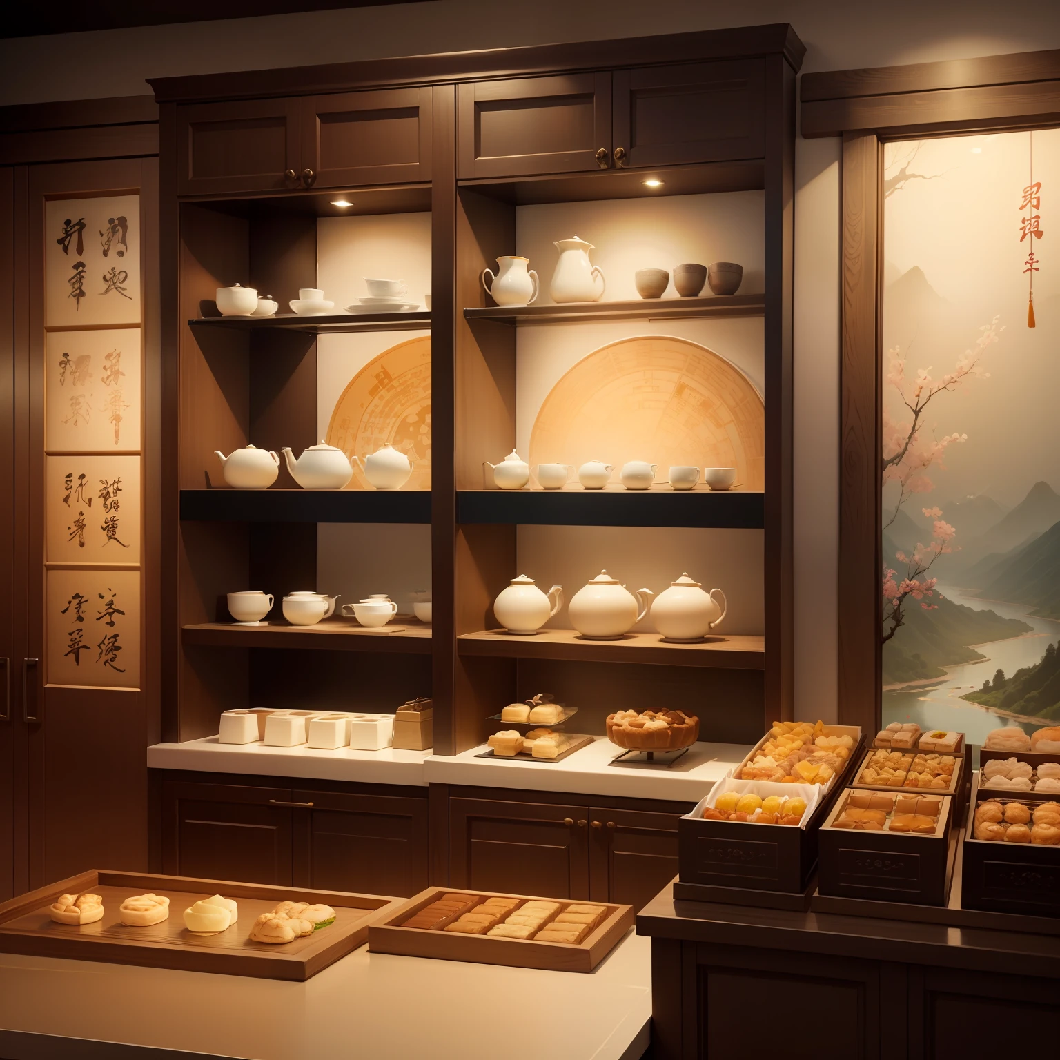 Song dynasty elements，Qingming upper river map，Bake pastries，Background in cabinets，The color is warm