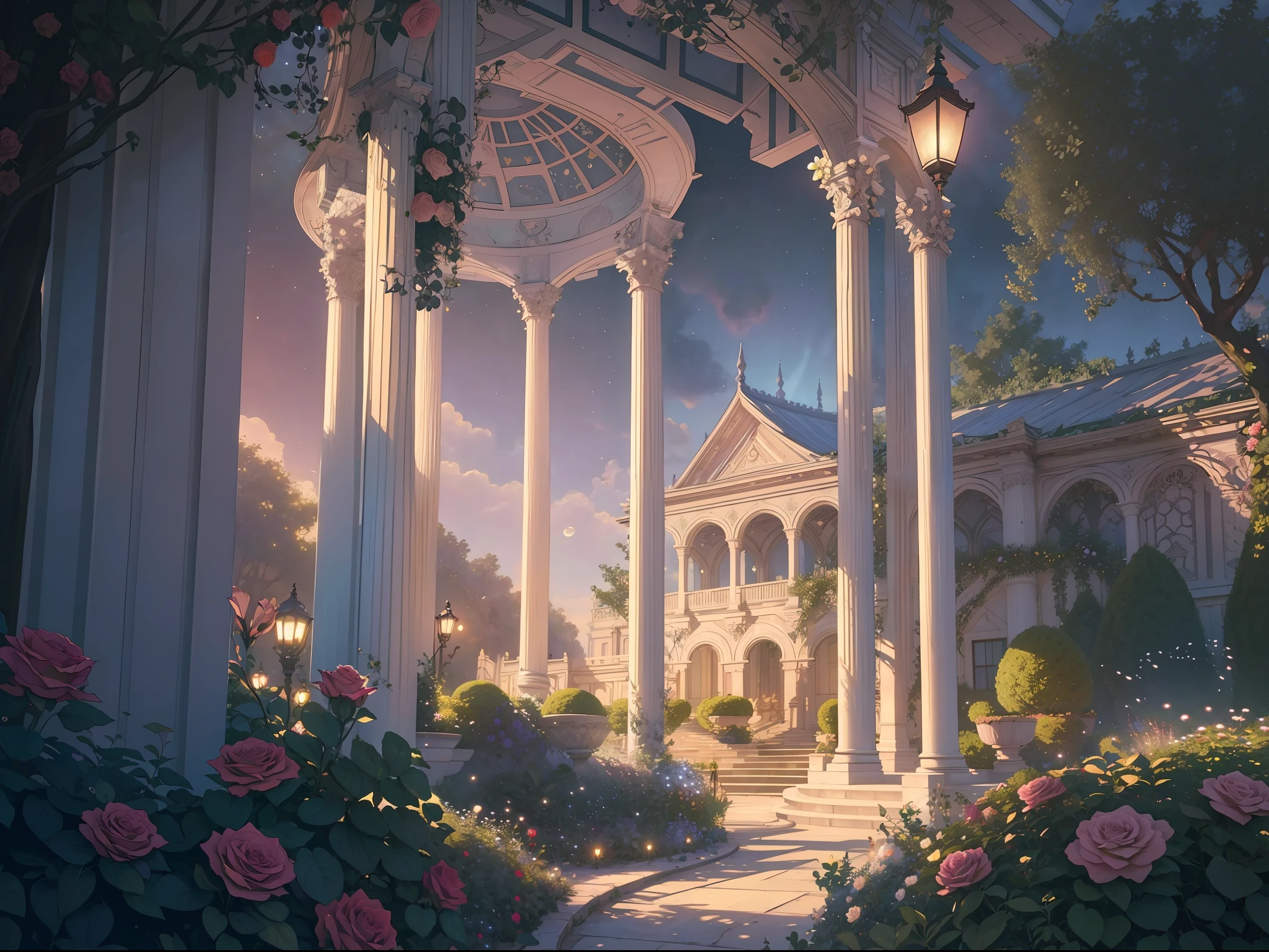 (Illustration:1.3), (secret garden), lush, floral, rose, (botanical), romanticism, moody, space, stars, nebula, beautiful clouds, moon, trellis, lattice, garden, gazebo, (realistic:1.5), (good shading), good architecture, volumetric lighting, cinematic, good architecture, (highest quality, award winning, masterpiece:1.5),