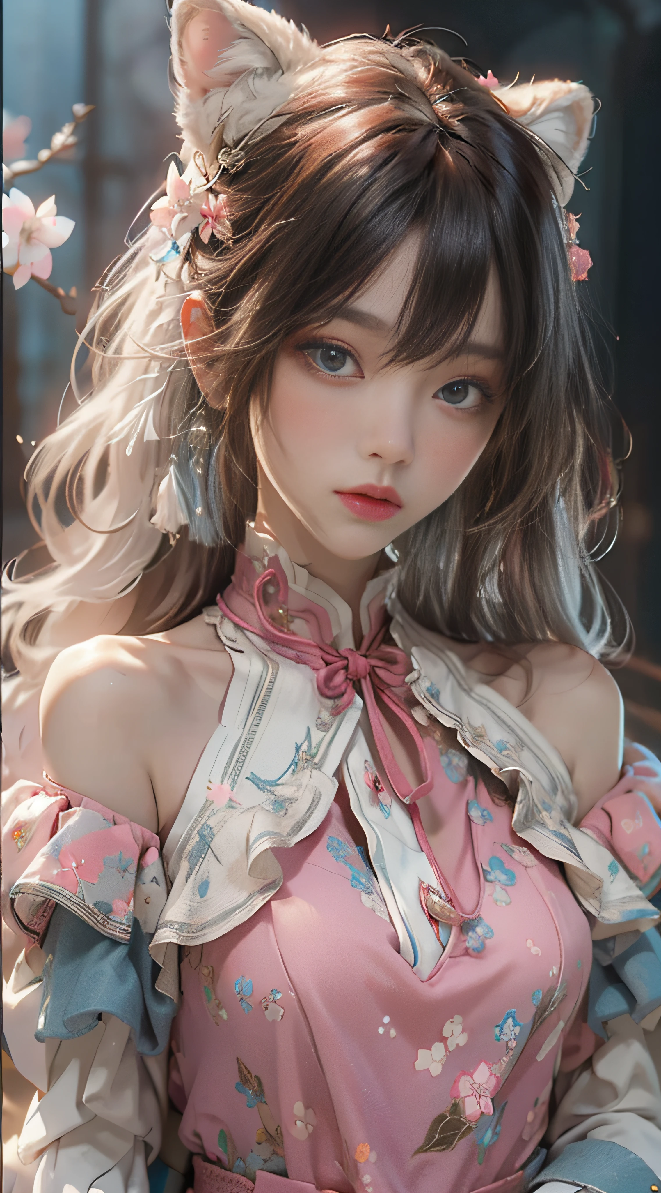 ((best qualtiy)), ((tmasterpiece)), (detail:1.4), Beautiful cyberpunk female images,hdr(HighDynamicRange),Ray traching,NVIDIA RTX,Hyper-Resolution,illusory 5,sub surface scattering,PBR textures,post-proces,Anisotropy Filtering,depth of fields,maximum definition and sharpness,Many-Layer Textures,Albedo e mapas Speculares,Surface coloring,Mitsu-Accurate simulation of material interactions,perfectly proportioned,rendering by octane,Two-colored light,largeaperture,Low ISO,White balance,Rule three points、8K raw data、Beautiful bright blue pupils,off-the-shoulder clothes,Fine pupils,Delicate face and eyes,long eyelasher,Blushlush,Delicate and fluffy hair,pink lip,Pure,Cute face,Sweet girl,Artistic sense,Casual wear,Advancedsense,butterflys,Cherry blossom petal,Beautiful hair accessories,Long hair and waist,Hair fluttering in the wind,Snow-white fox ears,curlies