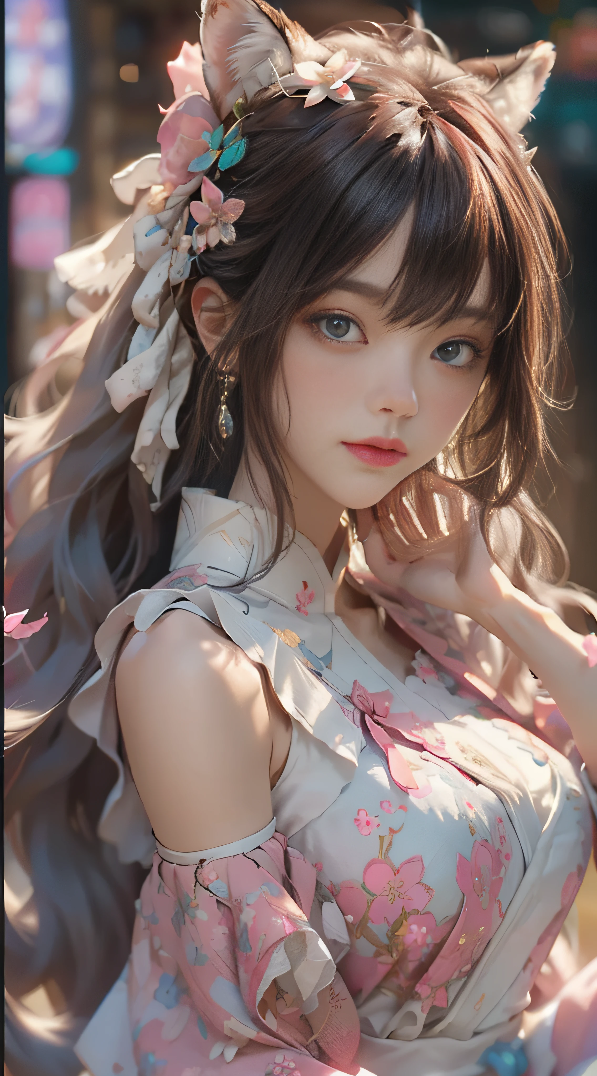 ((best qualtiy)), ((tmasterpiece)), (detail:1.4), Beautiful cyberpunk female images,hdr(HighDynamicRange),Ray traching,NVIDIA RTX,Hyper-Resolution,illusory 5,sub surface scattering,PBR textures,post-proces,Anisotropy Filtering,depth of fields,maximum definition and sharpness,Many-Layer Textures,Albedo e mapas Speculares,Surface coloring,Mitsu-Accurate simulation of material interactions,perfectly proportioned,rendering by octane,Two-colored light,largeaperture,Low ISO,White balance,Rule three points、8K raw data、Beautiful bright blue pupils,off-the-shoulder clothes,Fine pupils,Delicate face and eyes,long eyelasher,Blushlush,Delicate and fluffy hair,pink lip,Pure,Cute face,Sweet girl,Artistic sense,Casual wear,Advancedsense,butterflys,Cherry blossom petal,Beautiful hair accessories,Long hair and waist,Hair fluttering in the wind,Snow-white fox ears,curlies