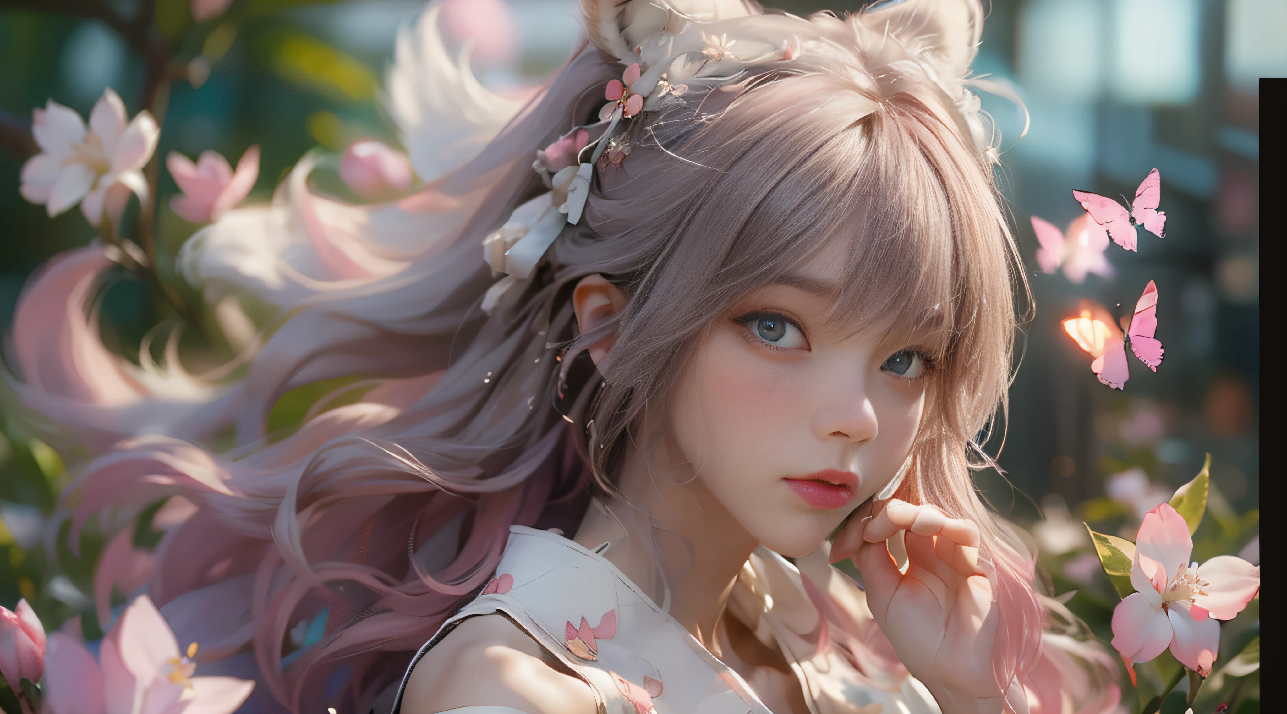 ((best qualtiy)), ((tmasterpiece)), (detail:1.4), Beautiful cyberpunk female images,hdr(HighDynamicRange),Ray traching,NVIDIA RTX,Hyper-Resolution,illusory 5,sub surface scattering,PBR textures,post-proces,Anisotropy Filtering,depth of fields,maximum definition and sharpness,Many-Layer Textures,Albedo e mapas Speculares,Surface coloring,Mitsu-Accurate simulation of material interactions,perfectly proportioned,rendering by octane,Two-colored light,largeaperture,Low ISO,White balance,Rule three points、8K raw data、Beautiful bright blue pupils,off-the-shoulder clothes,Fine pupils,Delicate face and eyes,long eyelasher,Blushlush,Delicate and fluffy hair,pink lip,Pure,Cute face,Sweet girl,Artistic sense,Casual wear,Advancedsense,butterflys,Cherry blossom petal,Beautiful hair accessories,Long hair and waist,Hair fluttering in the wind,Snow-white fox ears,curlies