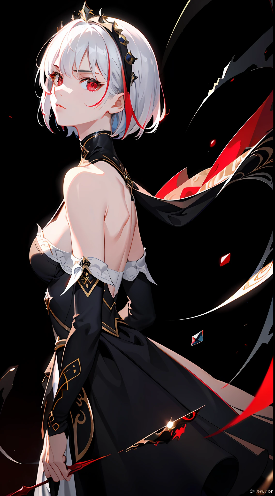 (Masterpiece, Best quality, Ultra-detailed, Best shadow), (Detailed background,Dark fantasy), (Beautiful detailed face), High contrast, (Best illumination, An extremely delicate and beautiful), ((Cinematic light)), Colorful, Hyper-detailing, White color hair,daggers,scowling,Off-the-shoulder attire, (1 girl, Solo,whaite hair, sharpy face,short detailed hair,Red eyes, hair between eye,Dynamic Angle), blood spatter, Red rotates around the character, Depth of field,light particules,(Broken glass),Magical Circle,Be red in the face