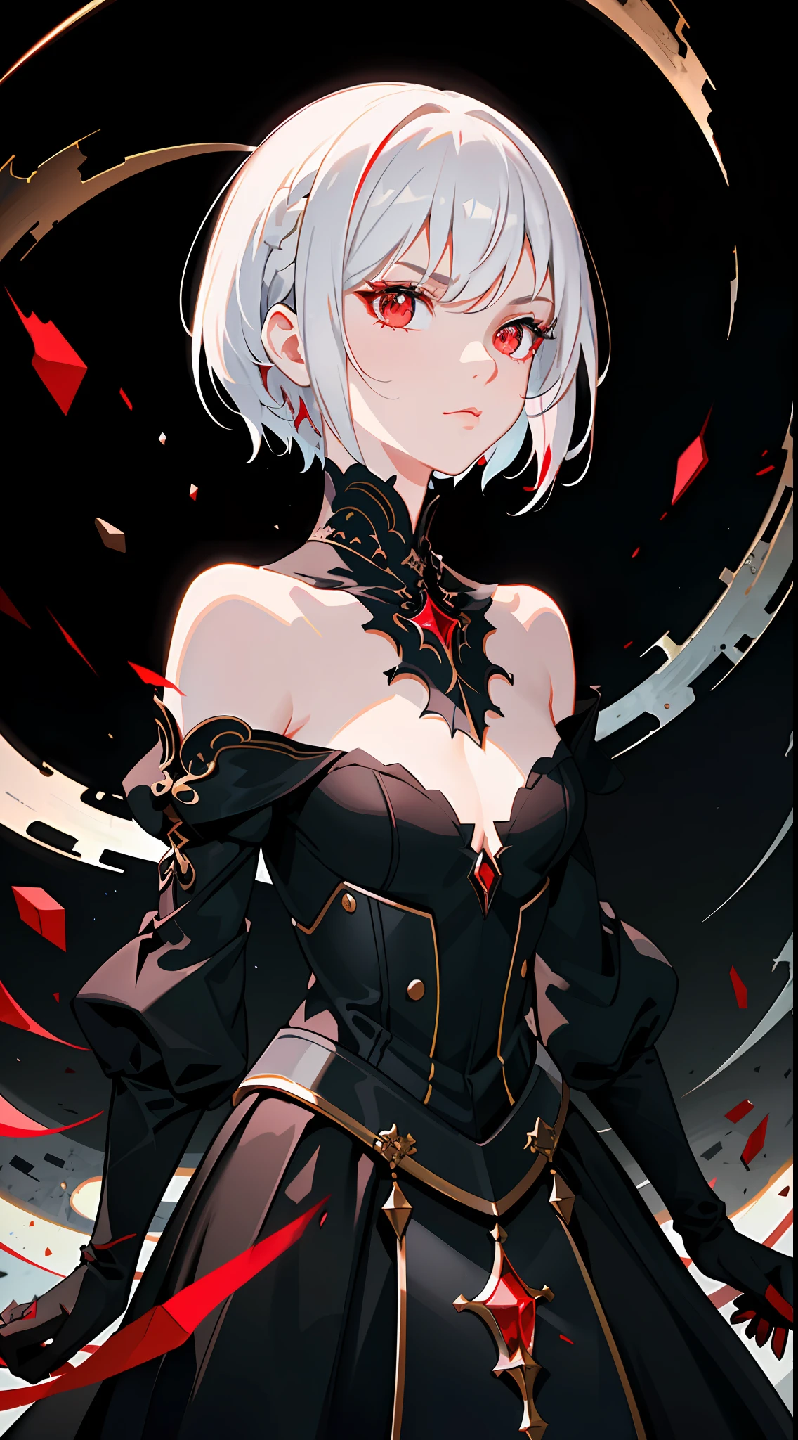 (Masterpiece, Best quality, Ultra-detailed, Best shadow), (Detailed background,Dark fantasy), (Beautiful detailed face), High contrast, (Best illumination, An extremely delicate and beautiful), ((Cinematic light)), Colorful, Hyper-detailing, White color hair,daggers,scowling,Off-the-shoulder attire, (1 girl, Solo,whaite hair, sharpy face,short detailed hair,Red eyes, hair between eye,Dynamic Angle), blood spatter, Red rotates around the character, Depth of field,light particules,(Broken glass),Magical Circle,Be red in the face