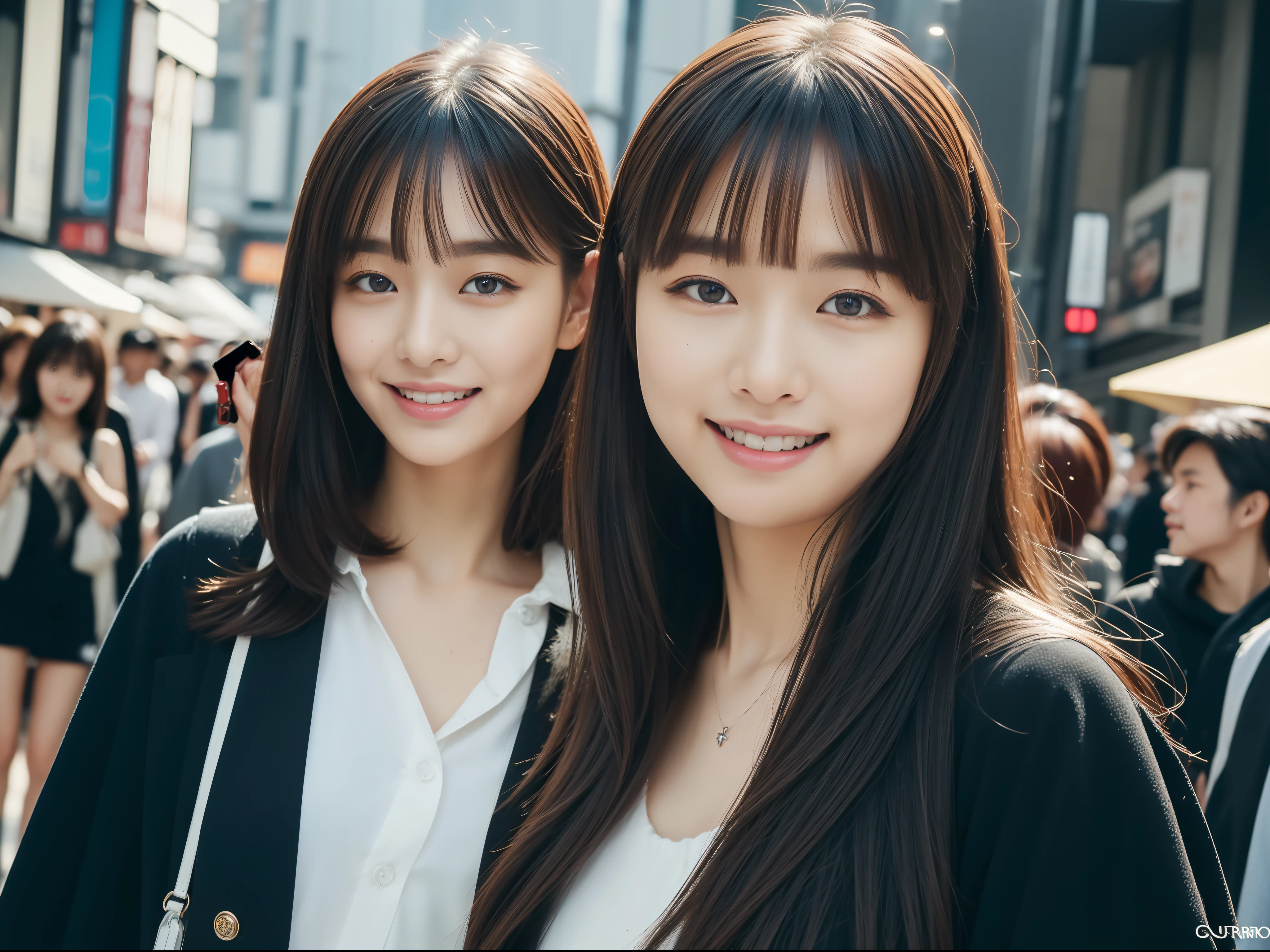 (top-quality、8k、32k、​masterpiece、UHD:1.3)、Attractive Japanese Woman Pictures、Shopping、hyperdetailed face、detailed lips、The background is Shibuya　I have a bag, light smile, black hair, Canon