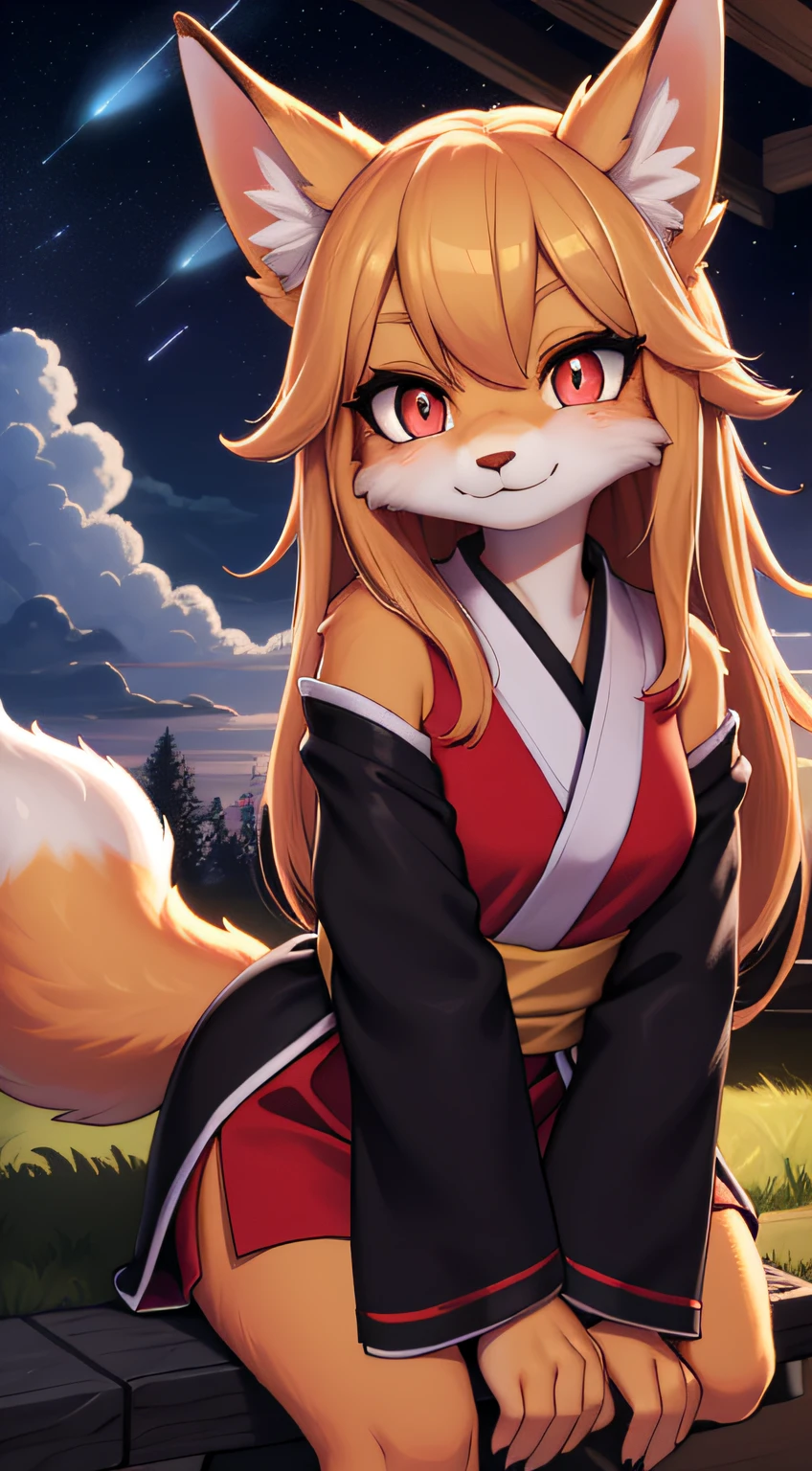 The art of Dagasi，girl fox，Long hairs，shaggy，Golden fur，Golden yellow face fur,Long blonde hair，Eyes have light，Red eyes，Super cute face，Brown elements on fur，miko，Beautiful lights and shadows，Ambient light，Ultra-fine fur，volumettic light，Night,Clouds and stars in the sky,The sky outside is starry ,meteors,natural  lightting，Smiled，Fluffy tail，Colored Contact Lenses ， Bright pupils