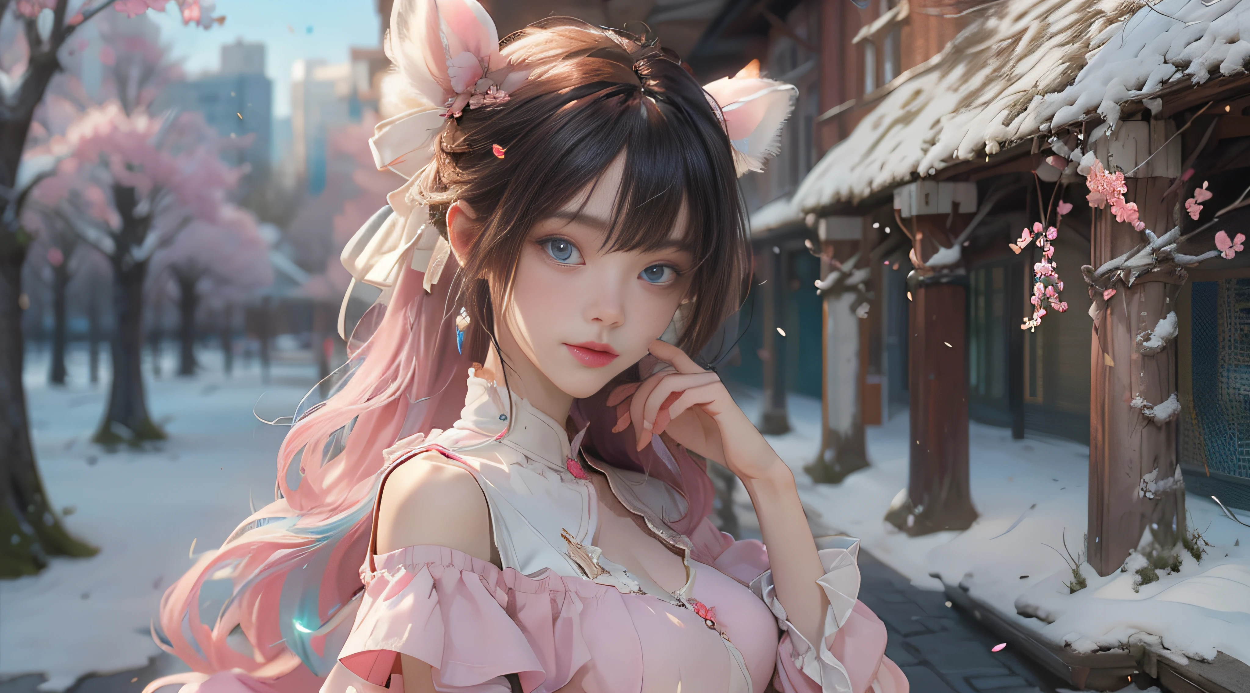 ((best qualtiy)), ((tmasterpiece)), (detail:1.4), Beautiful cyberpunk female images,hdr(HighDynamicRange),Ray traching,NVIDIA RTX,Hyper-Resolution,illusory 5,sub surface scattering,PBR textures,post-proces,Anisotropy Filtering,depth of fields,maximum definition and sharpness,Many-Layer Textures,Albedo e mapas Speculares,Surface coloring,Mitsu-Accurate simulation of material interactions,perfectly proportioned,rendering by octane,Two-colored light,largeaperture,Low ISO,White balance,Rule three points、8K raw data、Beautiful bright blue pupils,off-the-shoulder clothes,Fine pupils,Delicate face and eyes,long eyelasher,Blushlush,Delicate and fluffy hair,pink lip,Pure,Cute face,Sweet girl,Artistic sense,Casual wear,Advancedsense,butterflys,Cherry blossom petal,Beautiful hair accessories,Long hair and waist,Hair fluttering in the wind,Snow-white fox ears,curlies