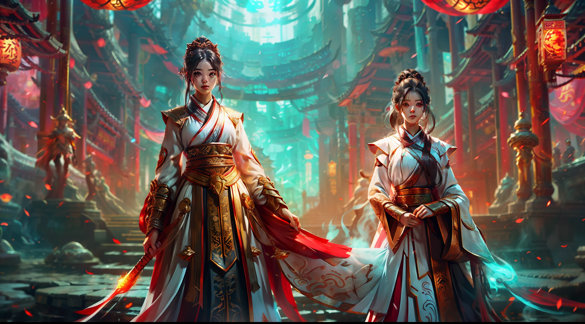 Female rulers,Whole body diagram,smooth thigh,black color hair,Yellow eyes,Clear facial features,It came from,red color Hanfu,Cyan Hanfu,a Oriental Dragons,Oriental Royal Palace,Unicorn,faeries,Black treasure
