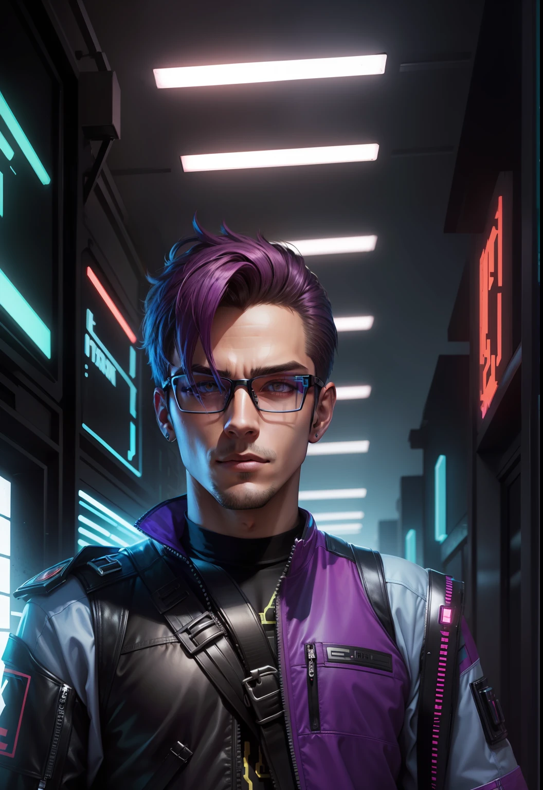 Change background cyberpunk, handsome boy,8k, highly descriptive, vibrant colours, glasses