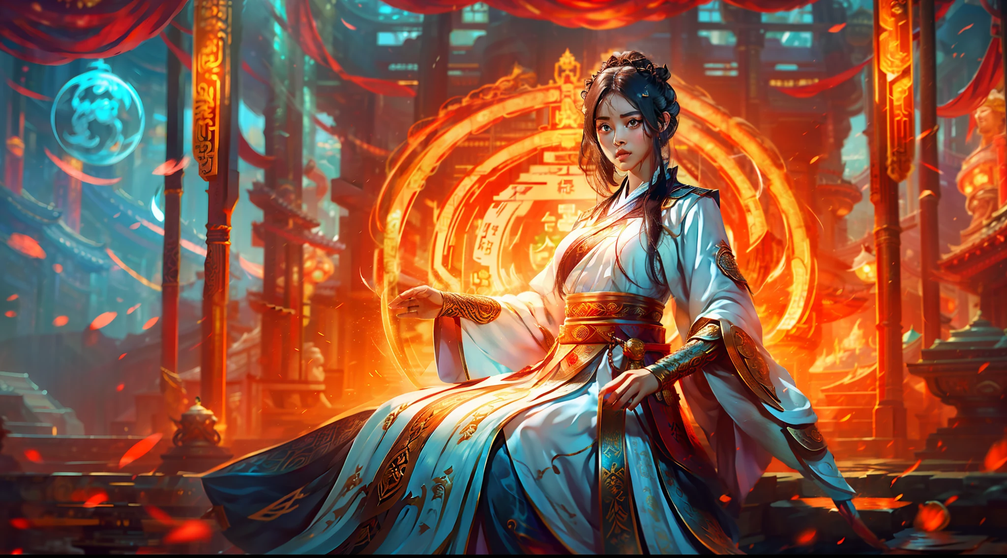 Female rulers,Whole body diagram,smooth thigh,black color hair,Yellow eyes,Clear facial features,It came from,red color Hanfu,Cyan Hanfu,a Oriental Dragons,Oriental Royal Palace,Unicorn,faeries,Black treasure