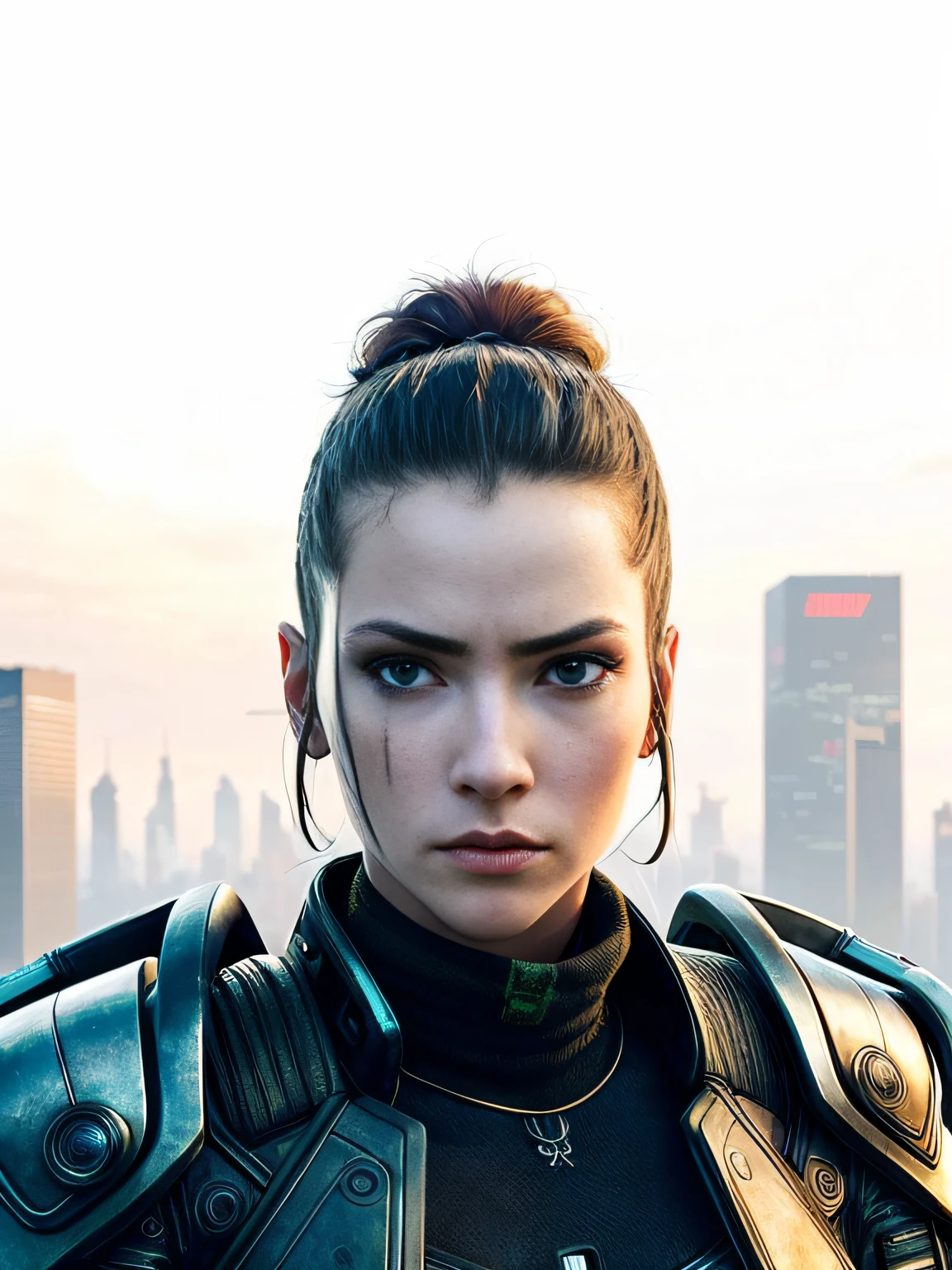 best quality, masterpiece, photo, 4K, photorealistic, highly detailed,
techwear, cyberpunk city, solo, futuristic, closeup, avatar to use on websites, ancient warrior,