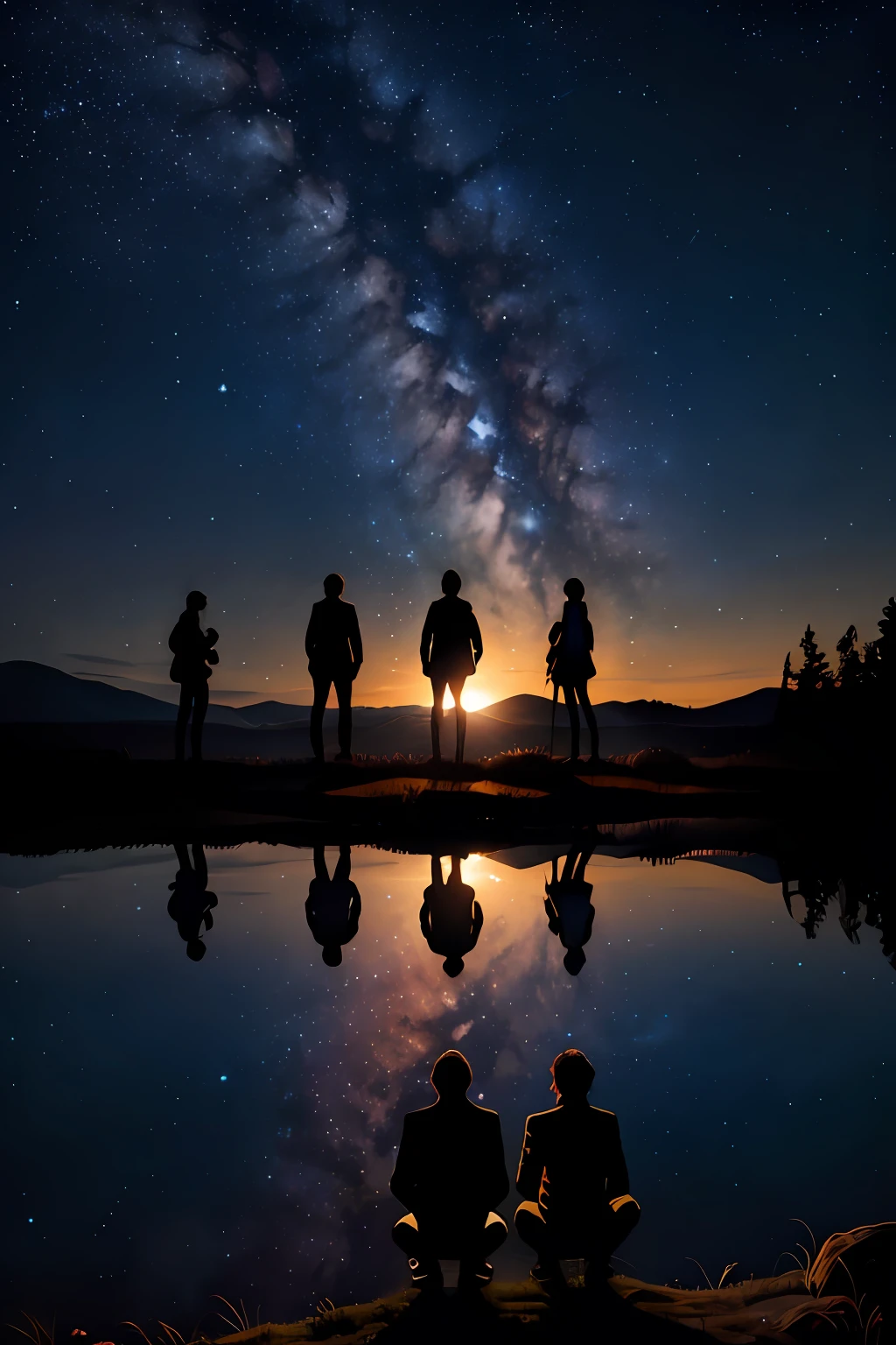 Silhouette of 4 characters looking at the starry night in panoramic view.