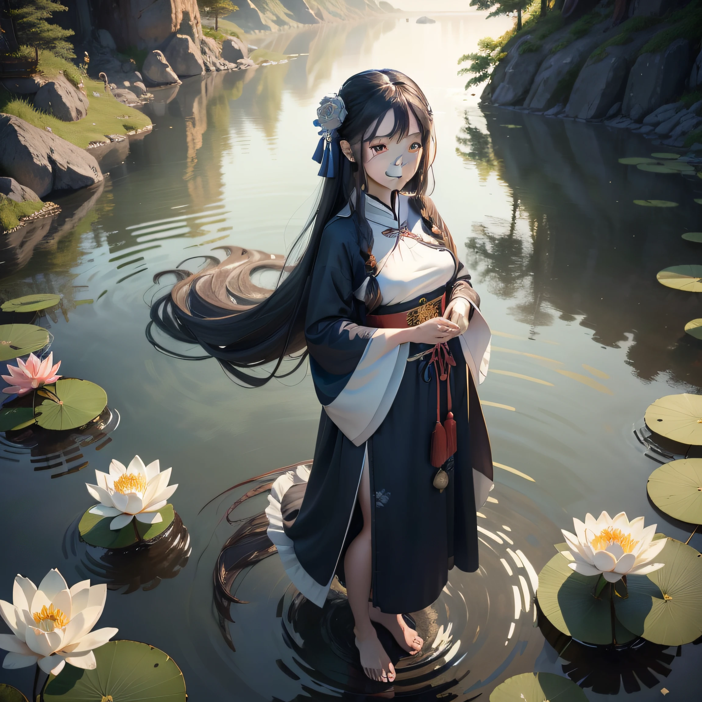 ((4k, masterpiece, best quality)), shuimobysim, traditional chinese ink painting, lotus, hanfu, maxiskit, dress conservatively 1 girl, alone, long blue hair, smile, standing, feet in water, barefoot,