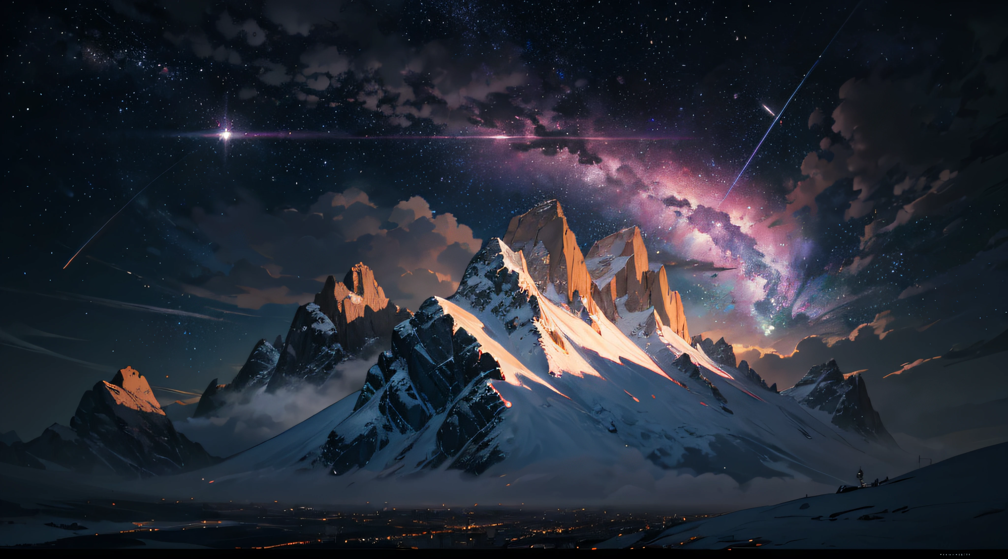 Expansive landscape photograph，（moon full：1.2），（meteors：0.9），（Starcloud：1.3），Far Mountain, Tree BREAK making art，（Warm light source：1.2），（glowworm：1.2），lamp lights，Lots of purple and orange，Complicated details，Volumetriclighting，Realism BREAK（tmasterpiece：1.2），（best qualtiy），8K，Ultra-detailed，（dynamic compositions：1.4），The is very detailed，Colorful details，（Irridescent color：1.2），（luminouslighting，Atmospheric lighting），dream magical，magical，（独奏：1.2），（（best qualtiy））， （（tmasterpiece））， （the detail：1.4），depth of fields，maximum definition and sharpness，perfectly proportions，Fluttering clouds，Wallpapers