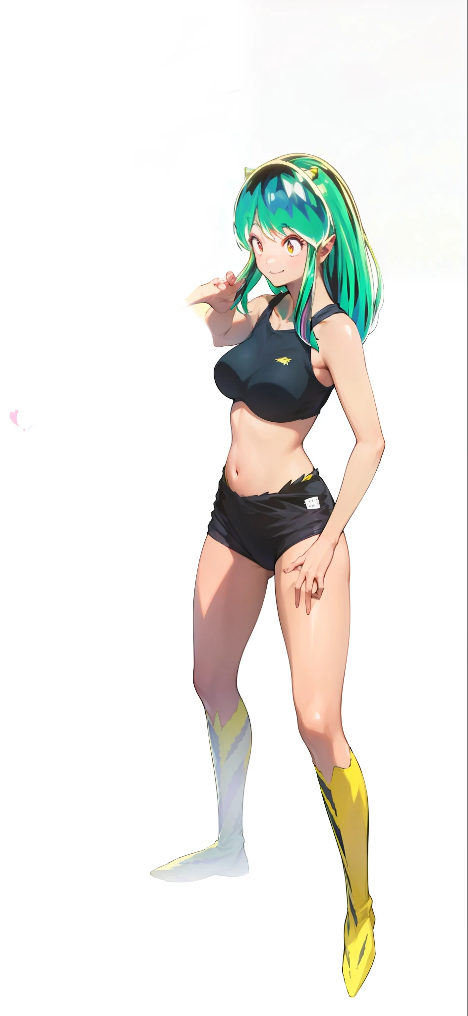Tiger print boots、sport underwear、Woman with green hair and horns、Tiger print bikini、dance、animesque、urusei yatsura、A smile