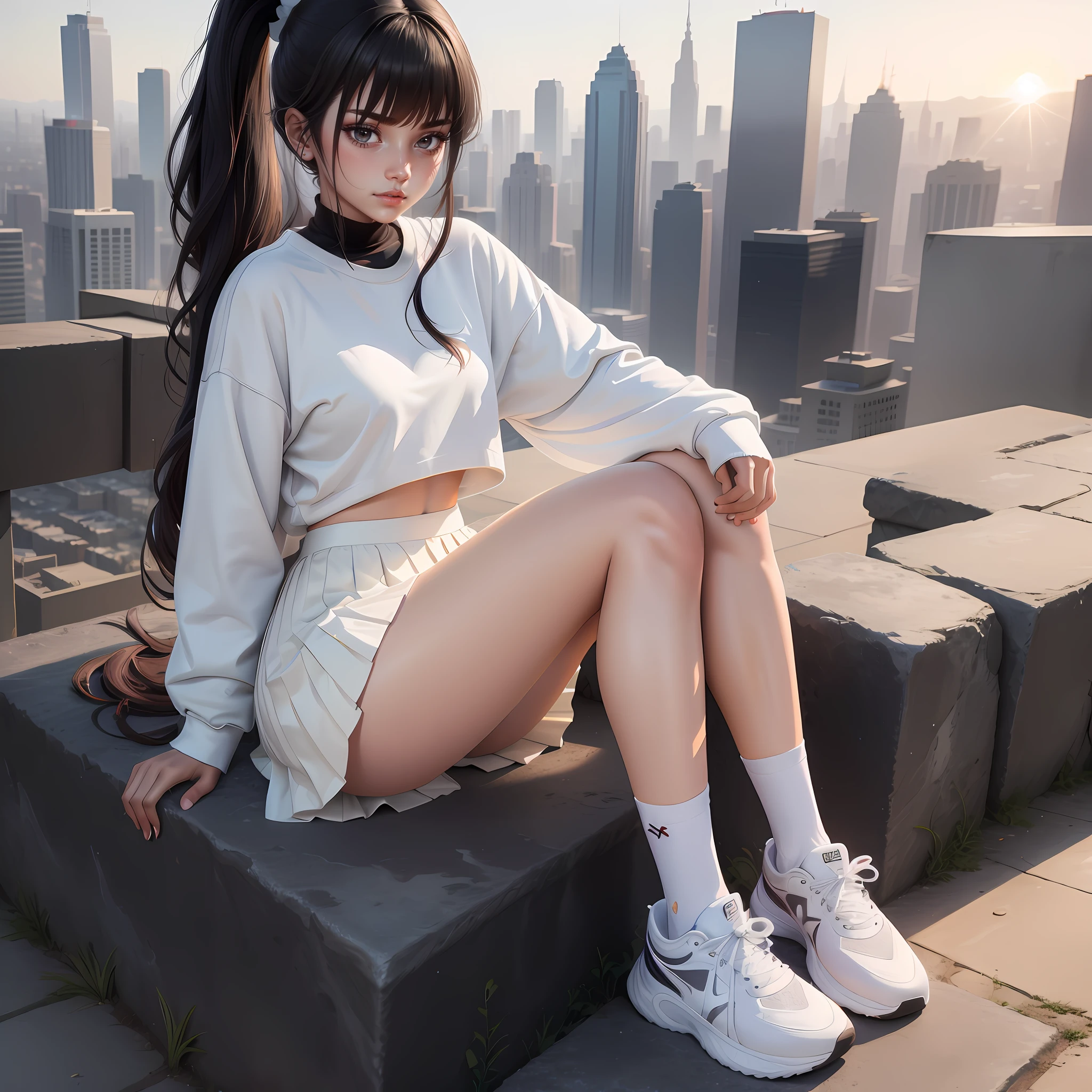 one-girl,White sweatshirt pleated skirt White knee-length stockings sneakers,High ponytail,Black colored eyes ,sitting on the stone,the setting sun
