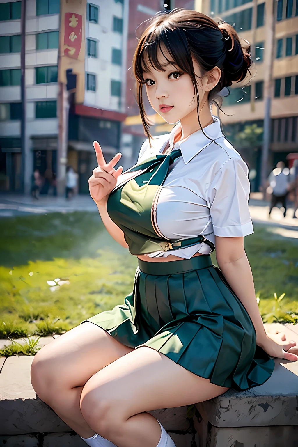 Unripe and beautiful li,, (Z-cup oversized swelling exaggerated breasts), （Cover the breasts），Wearing a Chinese school uniform，A school skirt that shows part of the ass，Pose with various gestures，Full body photo，full-body portraits