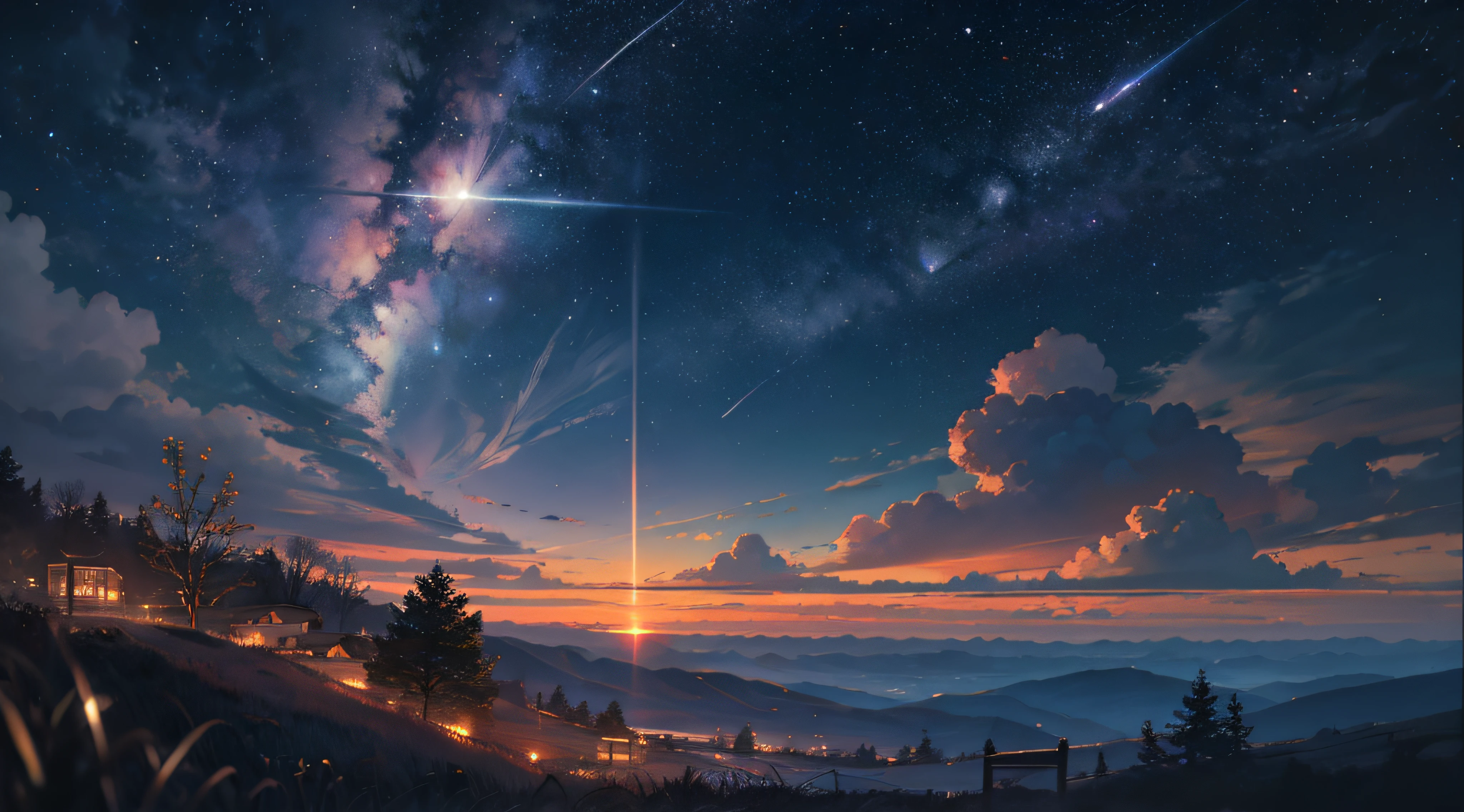 Expansive landscape photograph,(moon full:1.2),(meteors:0.9),(Starcloud:1.3),Far Mountain, Tree BREAK making art,(Warm light source:1.2),(glowworm:1.2),lamp lights,Lots of purple and orange,Complicated details,Volumetriclighting,Realism BREAK(tmasterpiece:1.2),(best qualtiy),8K,Ultra-detailed,(dynamic compositions:1.4),The is very detailed,Colorful details,(Irridescent color:1.2),(luminouslighting,Atmospheric lighting),dream magical,magical,(独奏:1.2),((best qualtiy)), ((tmasterpiece)), (the detail:1.4),depth of fields,maximum definition and sharpness,perfectly proportions,Fluttering clouds,Wallpapers