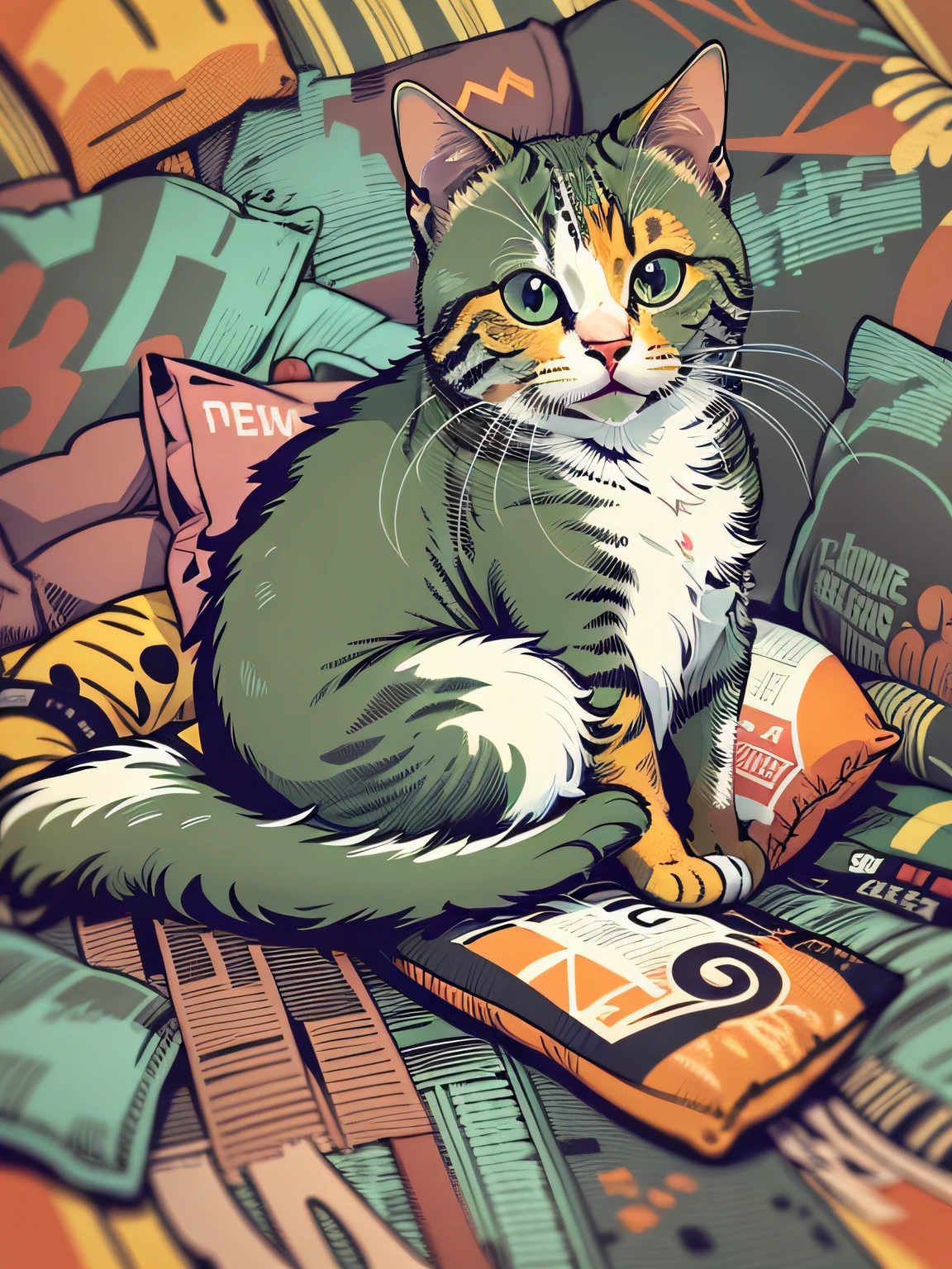 Vector t-shirt, Print-ready colorful graffiti, Illustration of a cute cat, sitting on a pillow, action shot, high detail, whitebackground