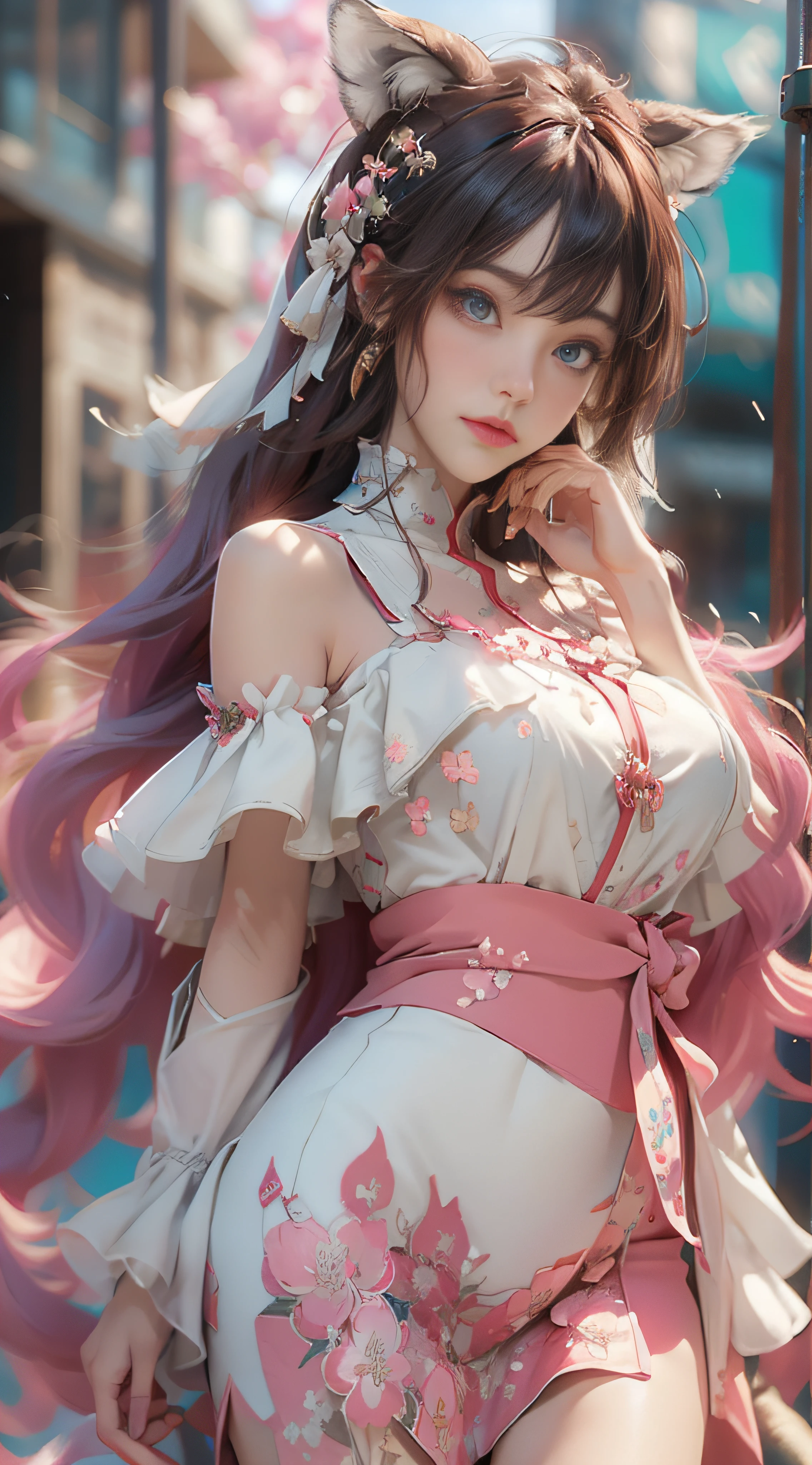 （（best qualtiy））， （（tmasterpiece））， （detail：1.4）， Beautiful cyberpunk female images，hdr（HighDynamicRange），Ray traching，NVIDIA RTX，Hyper-Resolution，illusory 5，sub surface scattering，PBR textures，post-proces，Anisotropy Filtering，depth of fields，maximum definition and sharpness，Many-Layer Textures，Albedo e mapas Speculares，Surface coloring，Mitsu-Accurate simulation of material interactions，perfectly proportioned，rendering by octane，Two-colored light，largeaperture，Low ISO，White balance，Rule three points、8K raw data、Beautiful bright blue pupils，off-the-shoulder clothes，Fine pupils，Delicate face and eyes，long eyelasher，Blushlush，Delicate and fluffy hair，pink lip，Pure，Cute face，Sweet girl，Artistic sense，Casual wear，Advancedsense，butterflys，Cherry blossom petal，Beautiful hair accessories，Long hair and waist，Hair fluttering in the wind，Snow-white fox ears，curlies