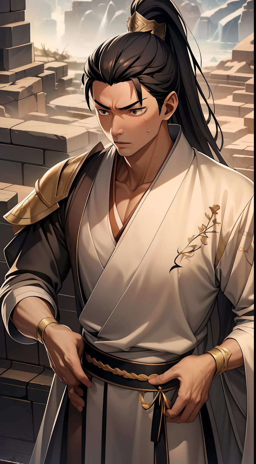 quadratic element,style of anime,mtu(Male Warrior),The proportions are correct,Face details,swordsmen,High ponytail hairstyle,Neck details,There is an Adam's apple,Black Hanfu,kaftan,Embroidered robes,Black robe,clothes details,Handing over,longer sleeves,Game quality,Swordsmanship,Light and shadow tracking,Ray traching,detailed glow,cg render,hair detail,long white hair,Black eyes,Handsome,Handsome,(juvenile sense),Clothing is complicated,Perfectcomposition,Refinement,high qulity,higher details,Lots of details,The background is complex,a sense of atmosphere,