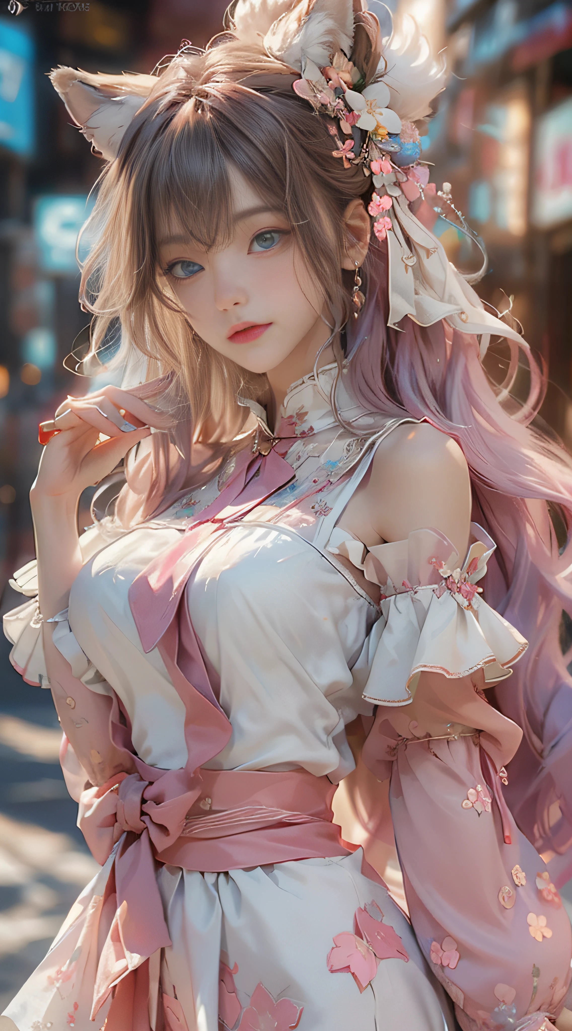 ((best qualtiy)), ((tmasterpiece)), (detail:1.4), Beautiful cyberpunk female images,hdr(HighDynamicRange),Ray traching,NVIDIA RTX,Hyper-Resolution,illusory 5,sub surface scattering,PBR textures,post-proces,Anisotropy Filtering,depth of fields,maximum definition and sharpness,Many-Layer Textures,Albedo e mapas Speculares,Surface coloring,Mitsu-Accurate simulation of material interactions,perfectly proportioned,rendering by octane,Two-colored light,largeaperture,Low ISO,White balance,Rule three points、8K raw data、Beautiful bright blue pupils,off-the-shoulder clothes,Fine pupils,Delicate face and eyes,long eyelasher,Blushlush,Delicate and fluffy hair,pink lip,Pure,Cute face,Sweet girl,Artistic sense,Casual wear,Advancedsense,butterflys,Cherry blossom petal,Beautiful hair accessories,Long hair and waist,Hair fluttering in the wind,Snow-white fox ears,curlies