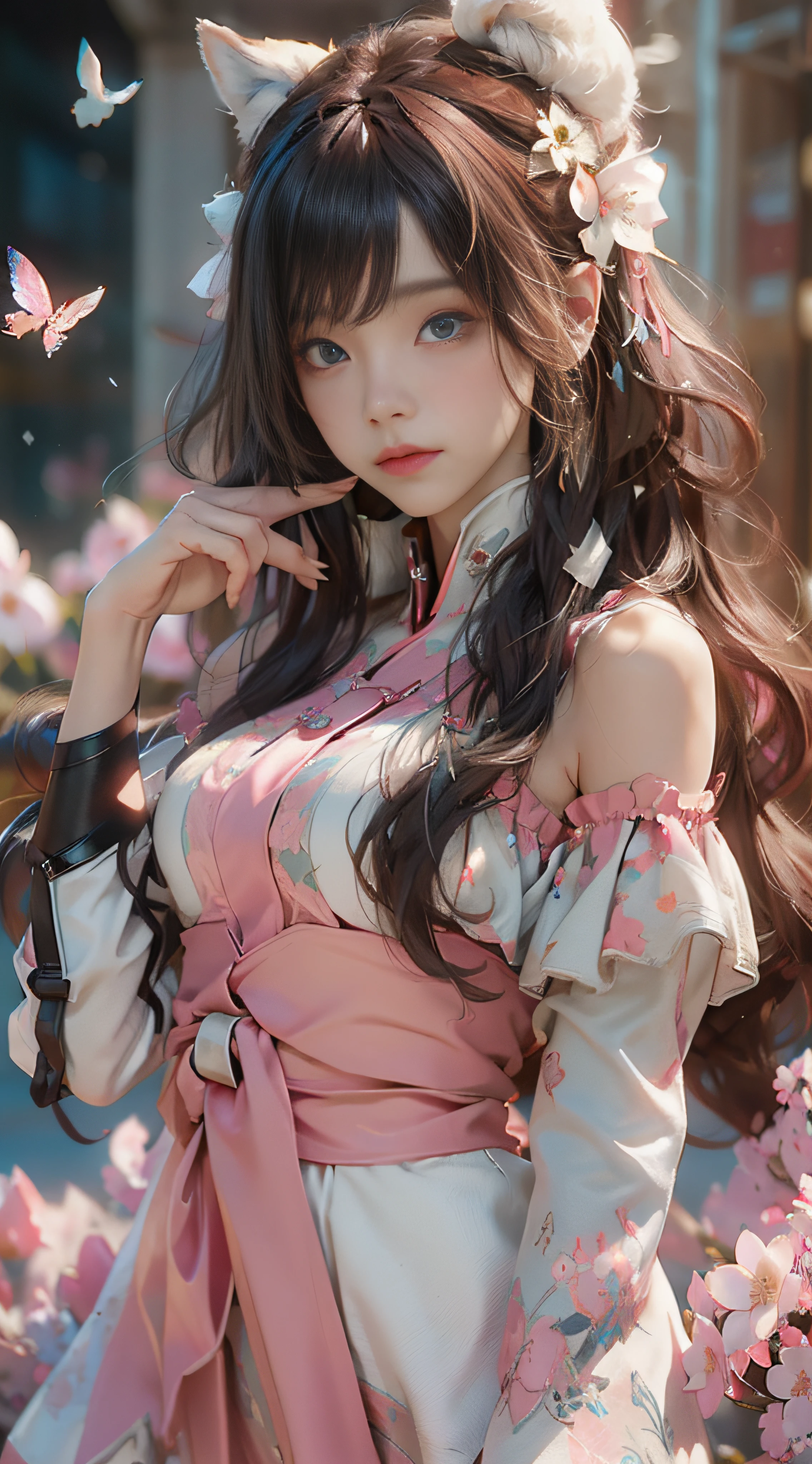 ((best qualtiy)), ((tmasterpiece)), (detail:1.4), Beautiful cyberpunk female images,hdr(HighDynamicRange),Ray traching,NVIDIA RTX,Hyper-Resolution,illusory 5,sub surface scattering,PBR textures,post-proces,Anisotropy Filtering,depth of fields,maximum definition and sharpness,Many-Layer Textures,Albedo e mapas Speculares,Surface coloring,Mitsu-Accurate simulation of material interactions,perfectly proportioned,rendering by octane,Two-colored light,largeaperture,Low ISO,White balance,Rule three points、8K raw data、Beautiful bright blue pupils,off-the-shoulder clothes,Fine pupils,Delicate face and eyes,long eyelasher,Blushlush,Delicate and fluffy hair,pink lip,Pure,Cute face,Sweet girl,Artistic sense,Casual wear,Advancedsense,butterflys,Cherry blossom petal,Beautiful hair accessories,Long hair and waist,Hair fluttering in the wind,Snow-white fox ears,curlies