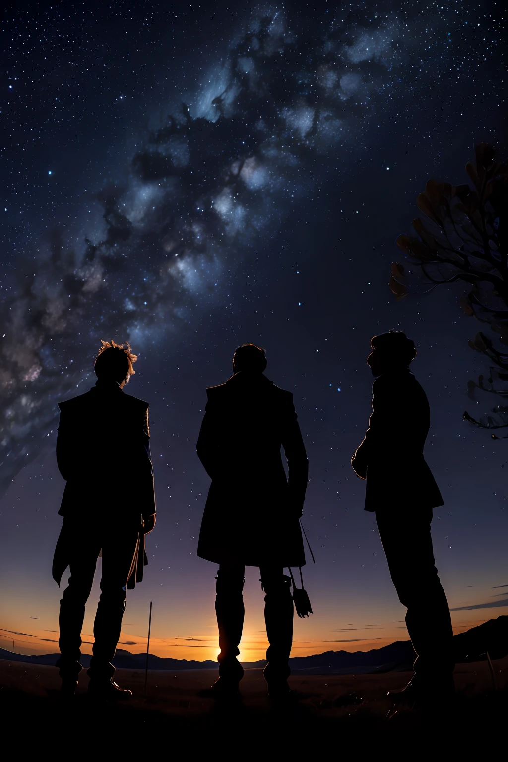 Silhouette of 4 characters looking at the starry night in panoramic view.