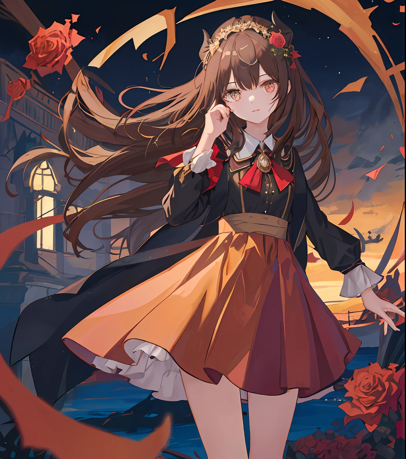 Masterpiece quality,The best quality assurance。A brown hair、Cute girl with golden eyes。She looks very arrogant,Wearing a short Gothic skirt,Exudes magic,With a rose headdress,English-style top,Long hair flutters in the wind,Playful and cute,devil horns,the sea,nigth