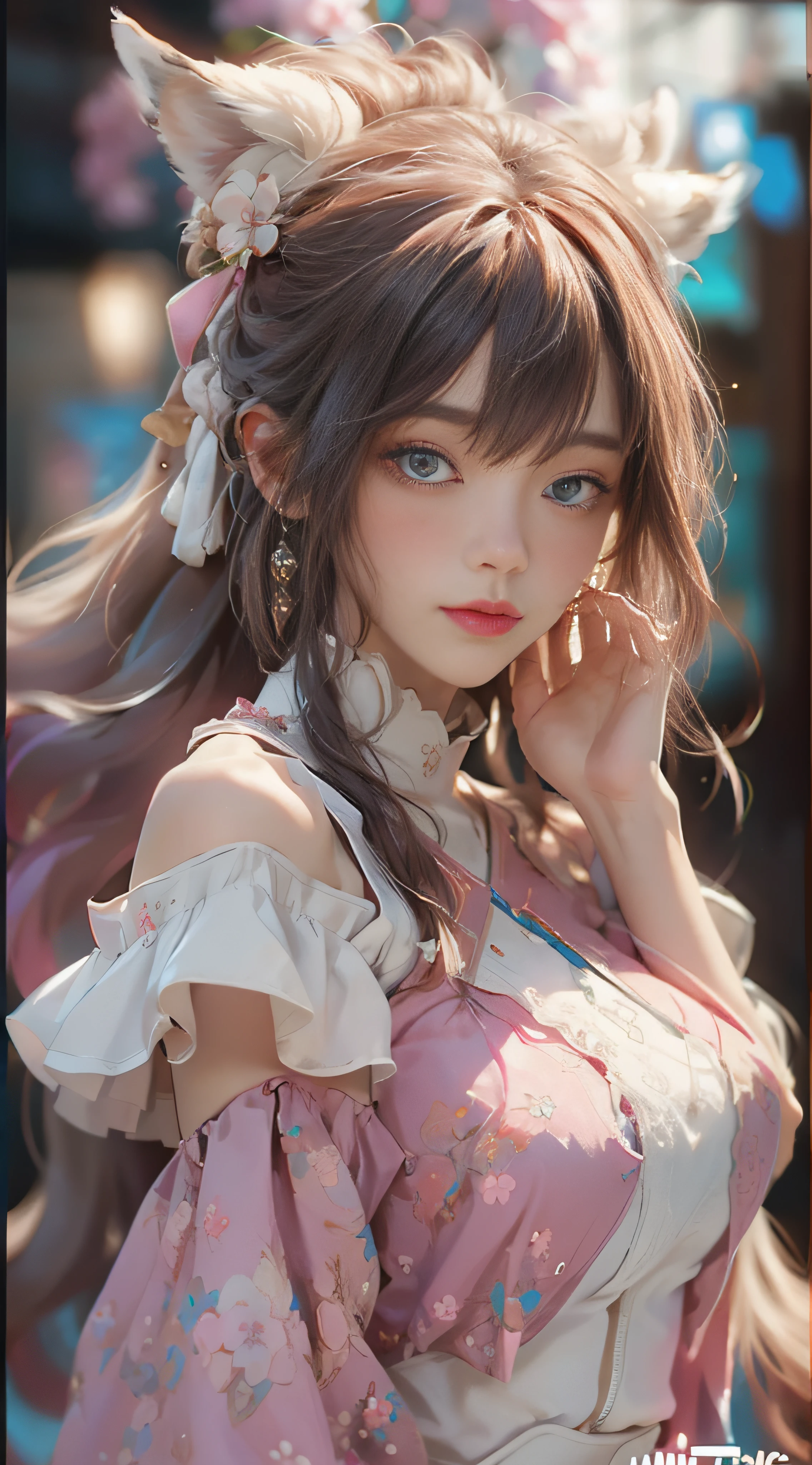 ((best qualtiy)), ((tmasterpiece)), (detail:1.4), Beautiful cyberpunk female images,hdr(HighDynamicRange),Ray traching,NVIDIA RTX,Hyper-Resolution,illusory 5,sub surface scattering,PBR textures,post-proces,Anisotropy Filtering,depth of fields,maximum definition and sharpness,Many-Layer Textures,Albedo e mapas Speculares,Surface coloring,Mitsu-Accurate simulation of material interactions,perfectly proportioned,rendering by octane,Two-colored light,largeaperture,Low ISO,White balance,Rule three points、8K raw data、Beautiful bright blue pupils,off-the-shoulder clothes,Fine pupils,Delicate face and eyes,long eyelasher,Blushlush,Delicate and fluffy hair,pink lip,Pure,Cute face,Sweet girl,Artistic sense,Casual wear,Advancedsense,butterflys,Cherry blossom petal,Beautiful hair accessories,Long hair and waist,Hair fluttering in the wind,Snow-white fox ears,curlies