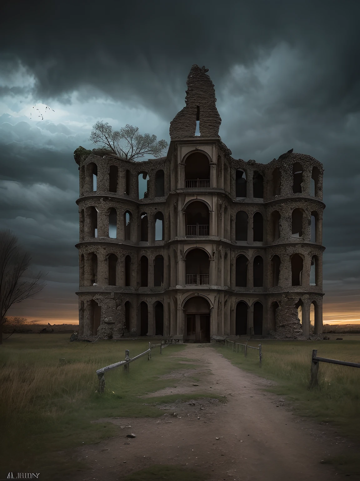 En medio de una noche de tormenta, en la cima de un acantilado escarpado, The ruins of a dark and majestic castle stand as a haunting reminder of a bygone era.. Its crumbling walls and broken windows reveal a tragic story lost in time. La naturaleza ha comenzado a reclamar la fortaleza abandonada, with ivy-covered towers and trees growing within its walls. abandonado, desolado, tormentoso, tragic, Antiguo, desgastado, misterioso, Altamente detallado, foco nítido, Obsesionante, Somber, atmospheric. Arte por Zoltan Boros, Gabor Szikszai y Clint Cearley. Dark and atmospheric illustrations, Post-apocalyptic landscapes. Pintura digital altamente detallada, foco nítido, Acabado mate, Dark and gloomy lighting.