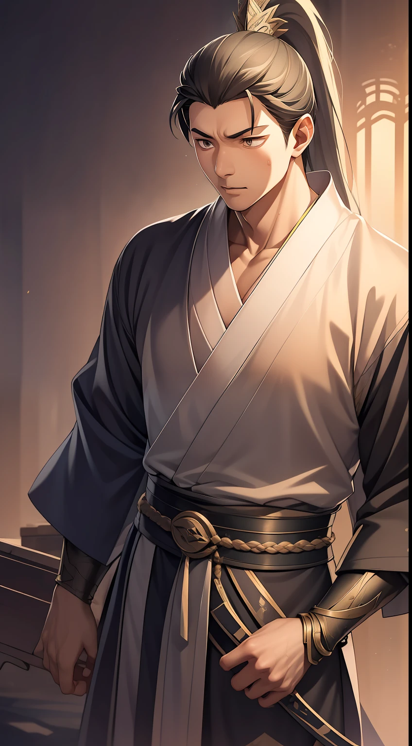 quadratic element，style of anime，mtu（Male Warrior），The proportions are correct，Face details，swordsmen，High ponytail hairstyle，Neck details，There is an Adam's apple，Black Hanfu，kaftan，Embroidered robes，Black robe，clothes details，Handing over，longer sleeves，Game quality，Swordsmanship，Light and shadow tracking，Ray traching，detailed glow，cg render，hair detail，long  white hair，Black eyes，Handsome，Handsome，（juvenile sense），Clothing is complicated，Perfectcomposition，Refinement，high qulity，higher details，Lots of details，The background is complex，a sense of atmosphere，