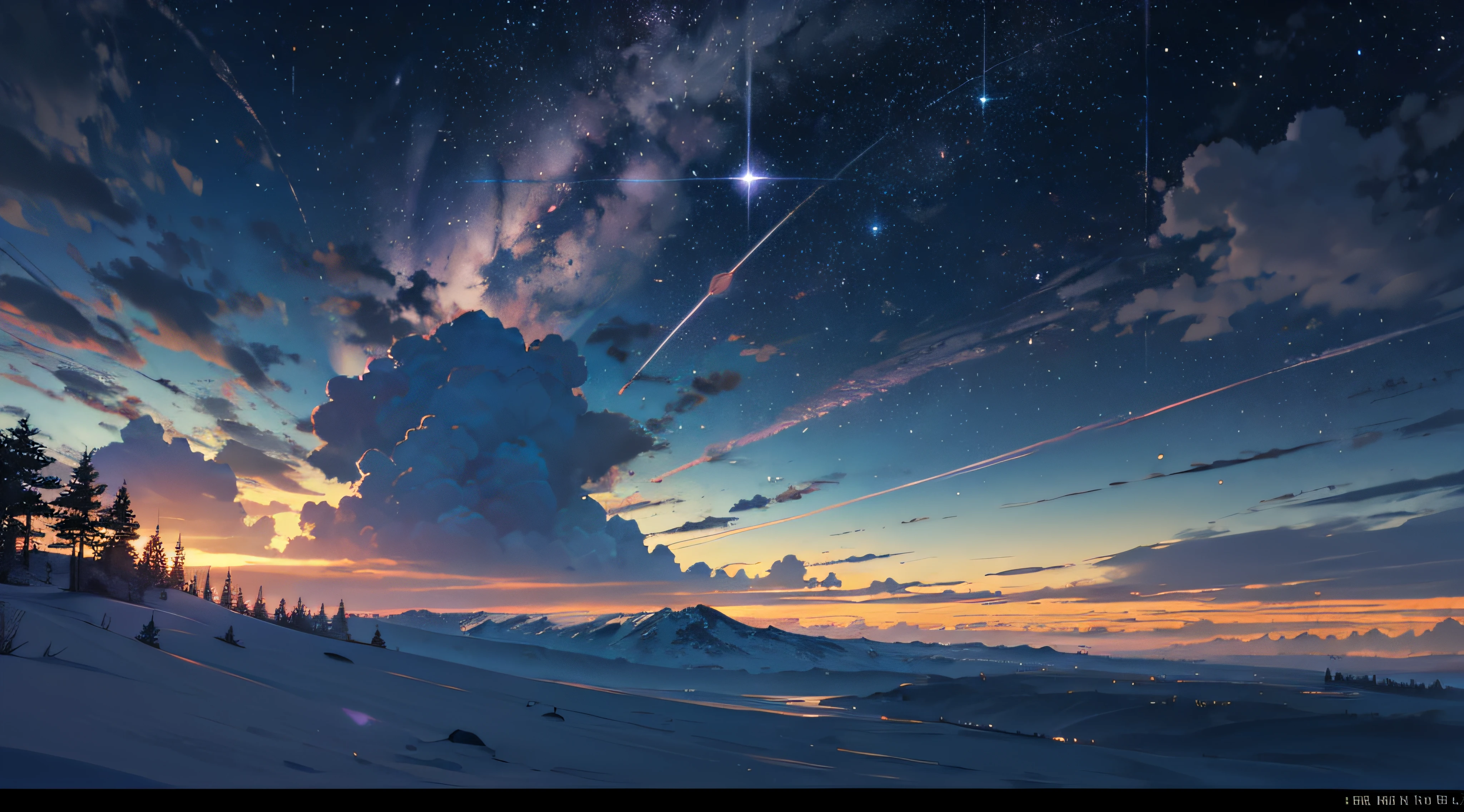Expansive landscape photograph,(moon full:1.2),(meteors:0.9),(Starcloud:1.3),Far Mountain, Tree BREAK making art,(Warm light source:1.2),(glowworm:1.2),lamp lights,Lots of purple and orange,Complicated details,Volumetriclighting,Realism BREAK(tmasterpiece:1.2),(best qualtiy),8K,Ultra-detailed,(dynamic compositions:1.4),The is very detailed,Colorful details,(Irridescent color:1.2),(luminouslighting,Atmospheric lighting),dream magical,magical,(独奏:1.2),((best qualtiy)), ((tmasterpiece)), (the detail:1.4),depth of fields,maximum definition and sharpness,perfectly proportions,Fluttering clouds,Wallpapers