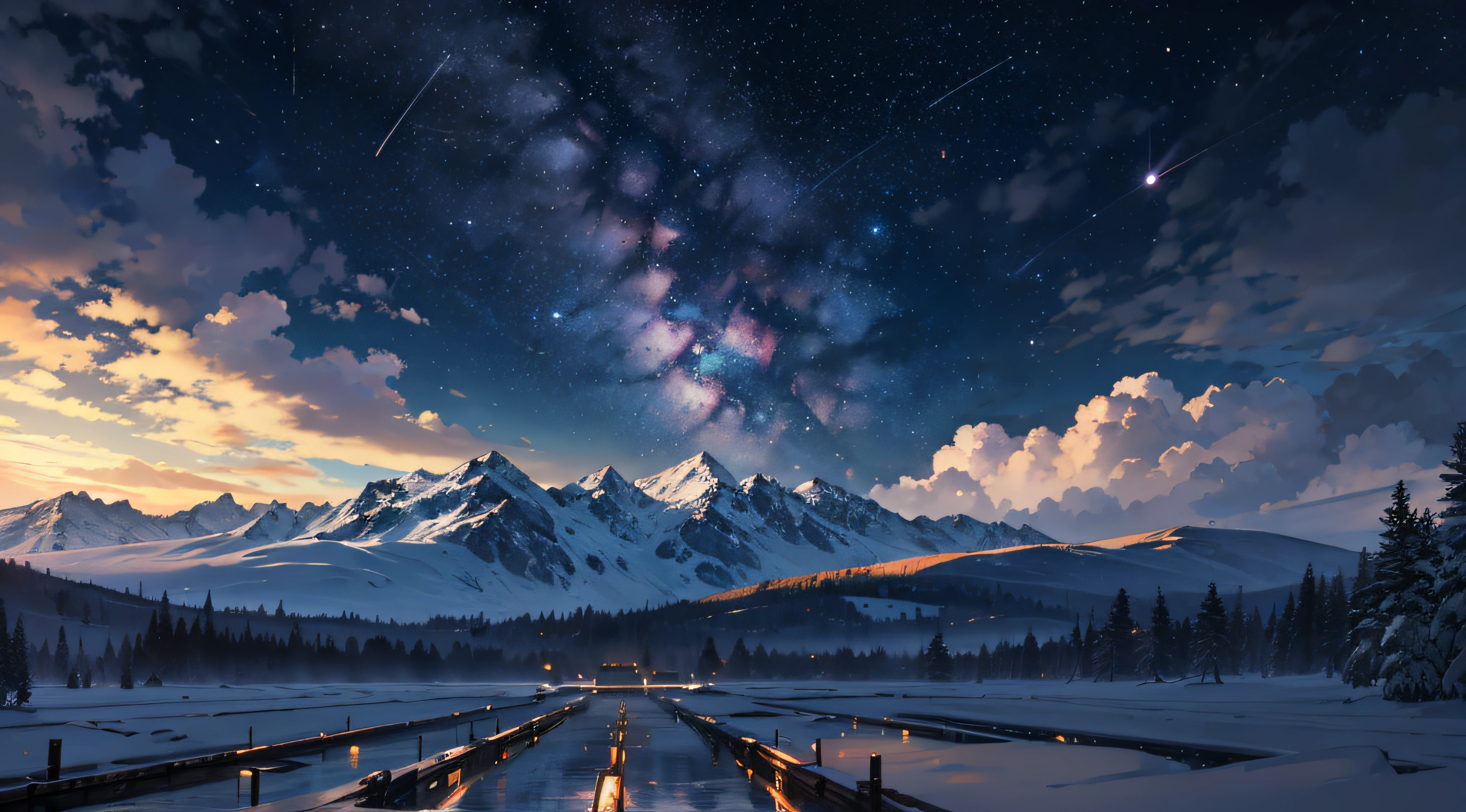 Expansive landscape photograph,(moon full:1.2),(meteors:0.9),(Starcloud:1.3),Far Mountain, Tree BREAK making art,(Warm light source:1.2),(glowworm:1.2),lamp lights,Lots of purple and orange,Complicated details,Volumetriclighting,Realism BREAK(tmasterpiece:1.2),(best qualtiy),8K,Ultra-detailed,(dynamic compositions:1.4),The is very detailed,Colorful details,(Irridescent color:1.2),(luminouslighting,Atmospheric lighting),dream magical,magical,(独奏:1.2),((best qualtiy)), ((tmasterpiece)), (the detail:1.4),depth of fields,maximum definition and sharpness,perfectly proportions,Fluttering clouds,Wallpapers