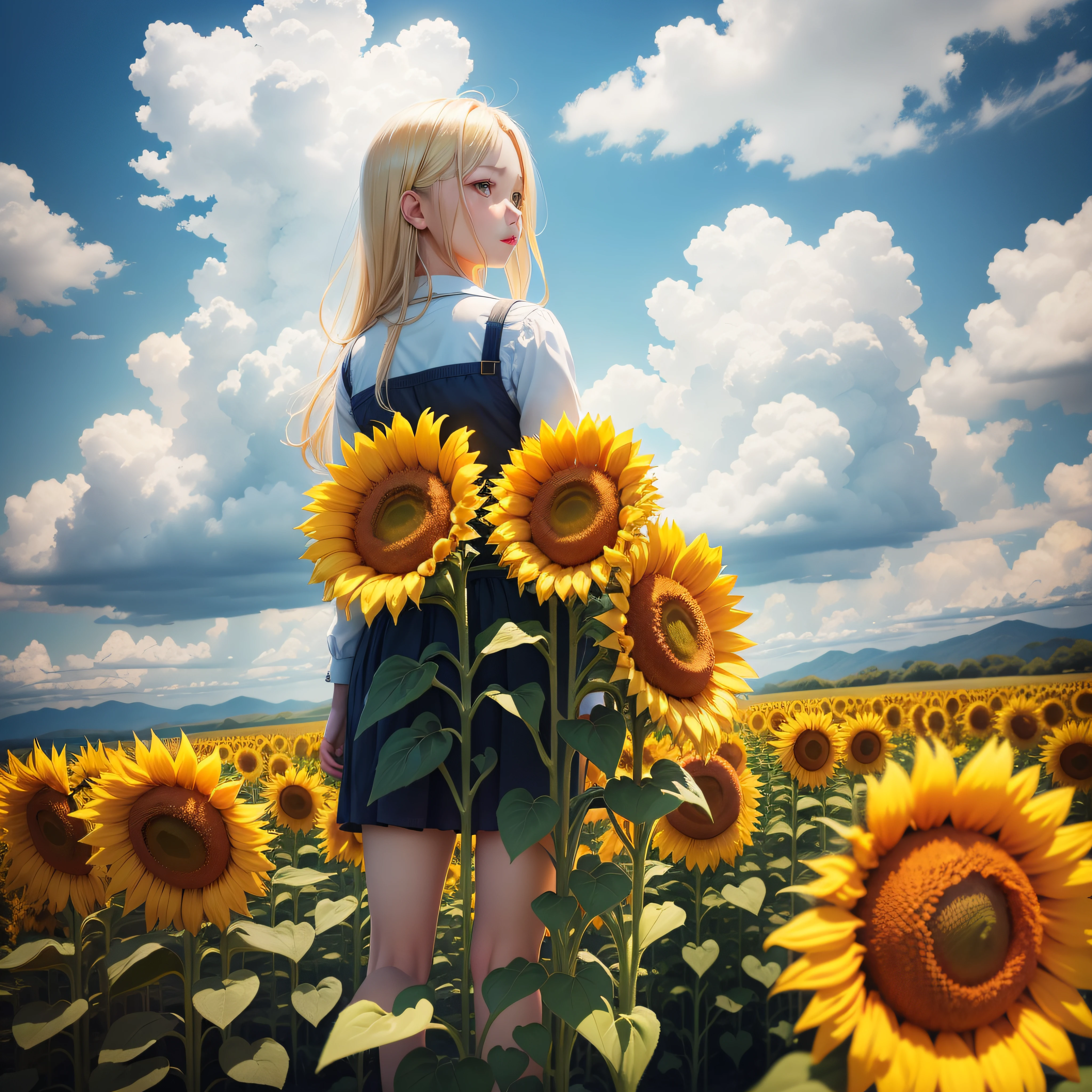 Standing in a yellow sunflower field、a blonde girl、blue-sky、white clouds、8K、Realistic as a photo、细致背景、Flooded with light、perspiring、8k