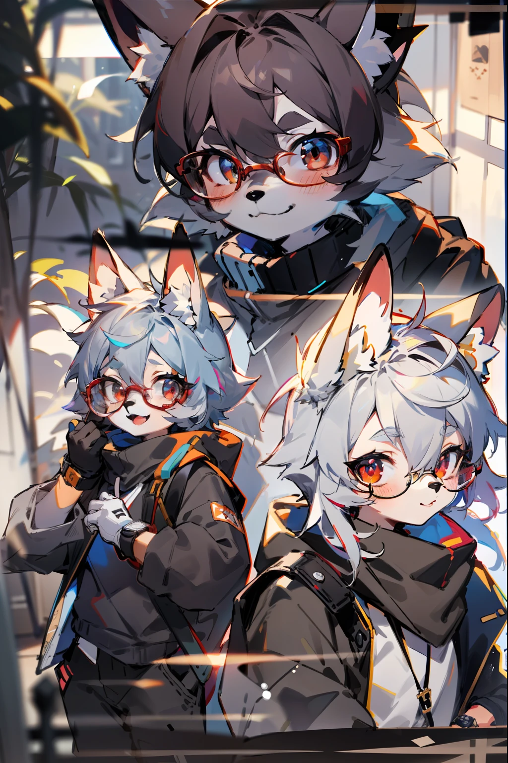 depth of fields，lighting perfect，light particules，（best qualtiy），（tmasterpiece），（ultra - detailed），Sharp focus，light particules，niji，eyesgod，Blushlush，red_eyes，looking_at_viewer，smile，solo，furry，animal_ear_fluff，open_clothes，coda，rays of sunshine，man，Young person，White coat，baggy black pants，Dark gray sweater，Clothing with a sense of technology，wears glasses，wears a watch，Wear brown-black gloves，Coordinated body proportions