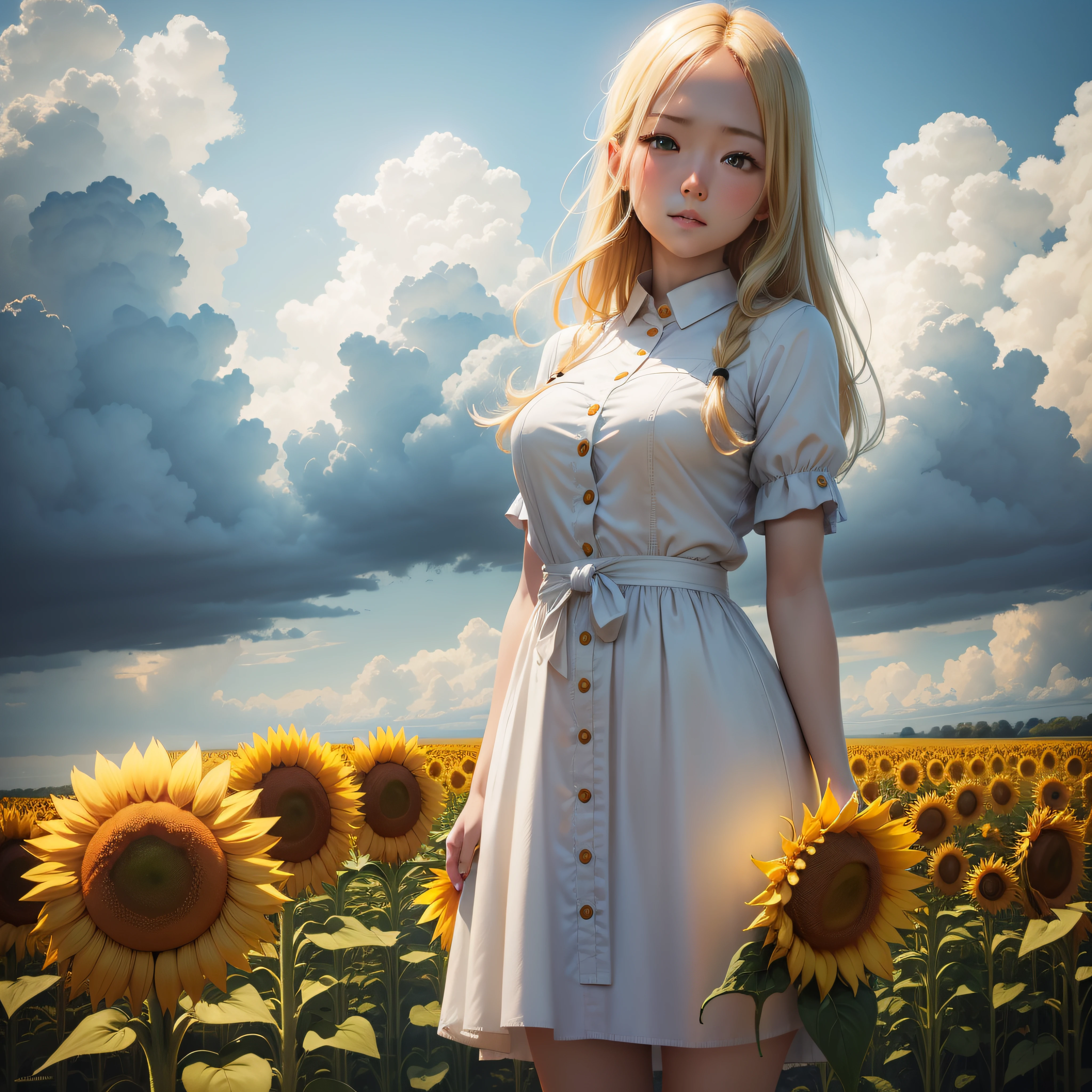 Standing in a yellow sunflower field、a blonde girl、blue-sky、white clouds、8K、Realistic as a photo、细致背景、Flooded with light、perspiring、8k