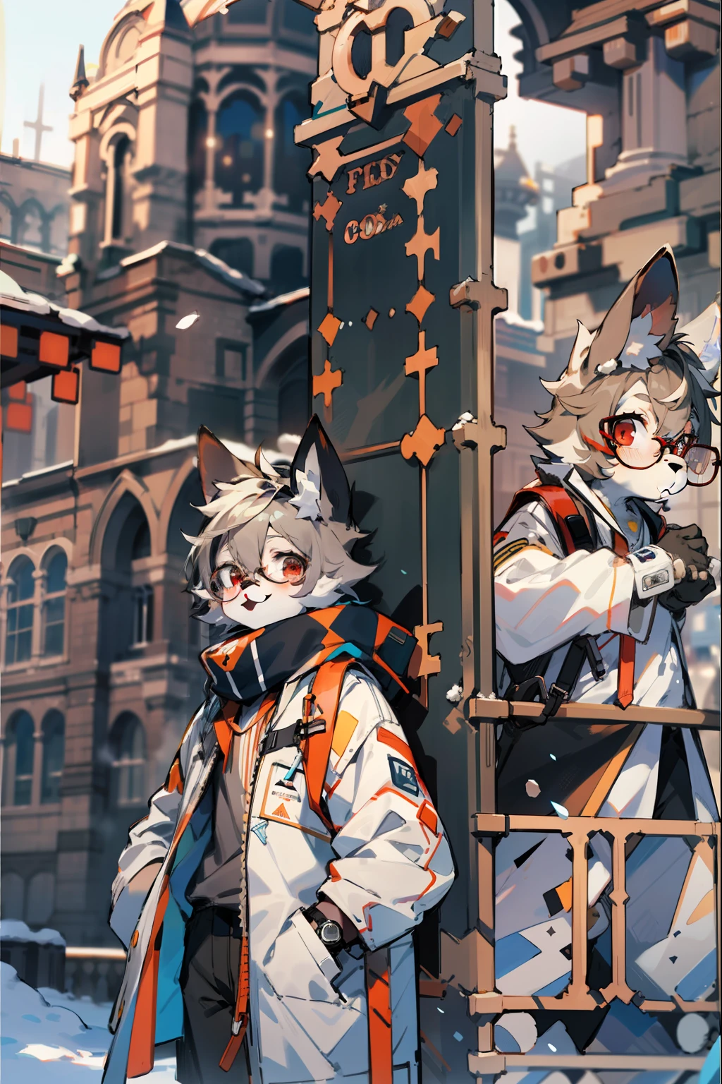 depth of fields,lighting perfect,light particules,(best qualtiy),(tmasterpiece),(ultra - detailed),Sharp focus,light particules,niji,eyesgod,Blushlush,red_eyes,looking_at_viewer,smile,solo,furry,animal_ear_fluff,open_clothes,coda,rays of sunshine,man,Young person,White coat,baggy black pants,Dark gray sweater,Clothing with a sense of technology,wears glasses,wears a watch,Wear brown-black gloves,Stand on the snow in front of the majestic building