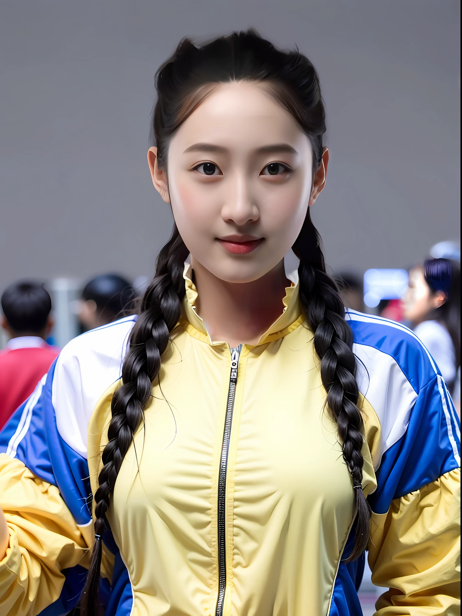 A Chinese high school girl,Slightly fat,Wear a blue skinny PVC zipper tracksuit,long braid