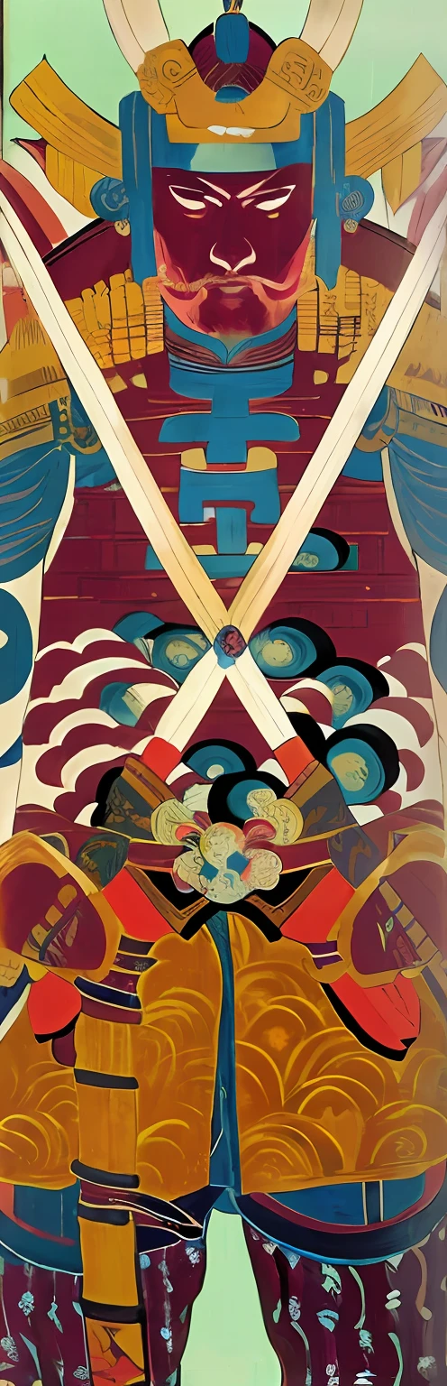 "(Samurai painting,author：burned:1.2,Inspiration: Utagawa Kuninari III + Utagawa Hiroshige II:1.1, Persona: Victor, tristan eaton, Victor's car, Color: cmyk, Botticelli, Surrealist Victor S.)"