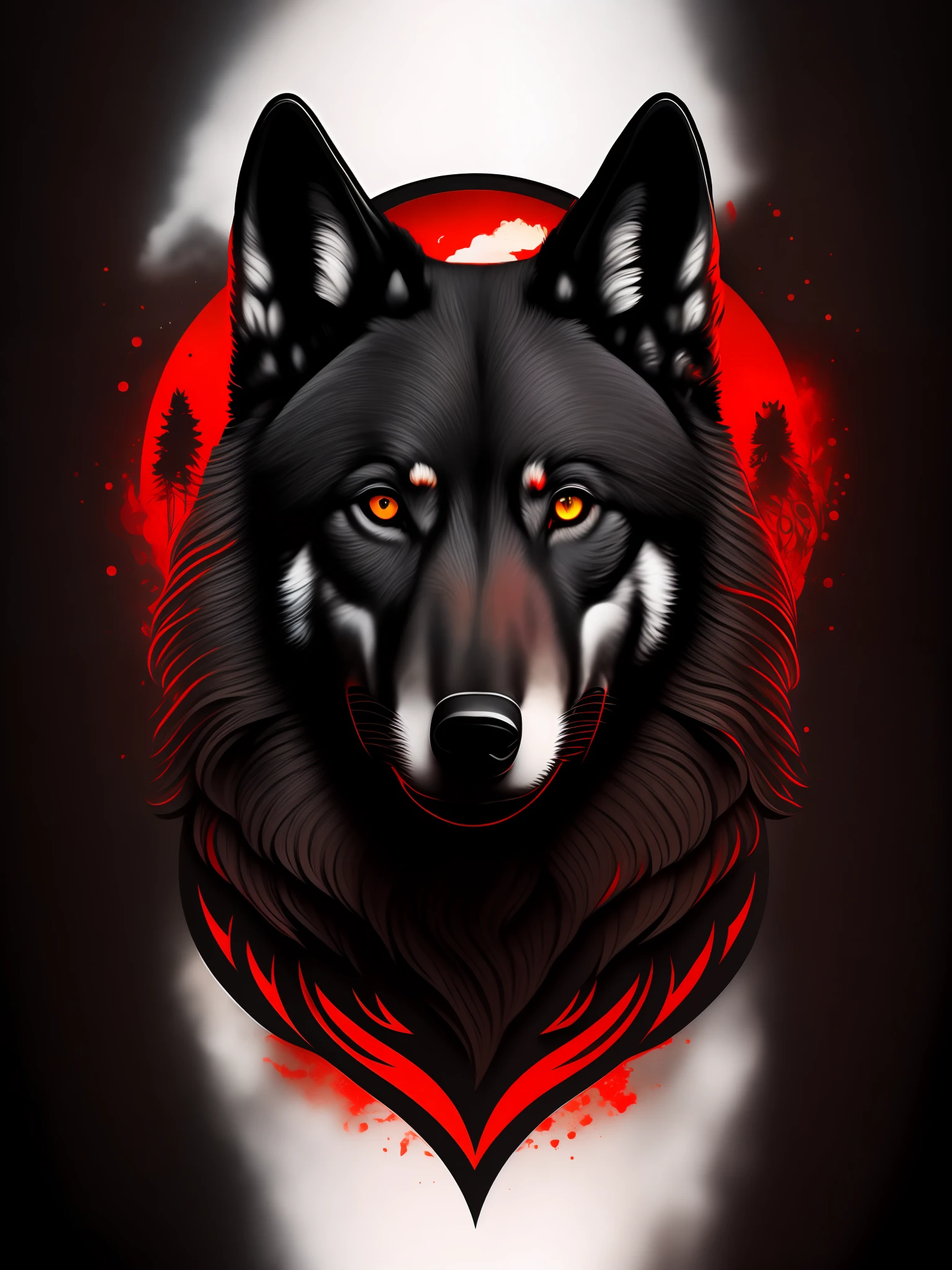 black wolf head, olhos amarelos, lua vermelha, fundo branco, design de camiseta, rzminjourney, arte vetorial