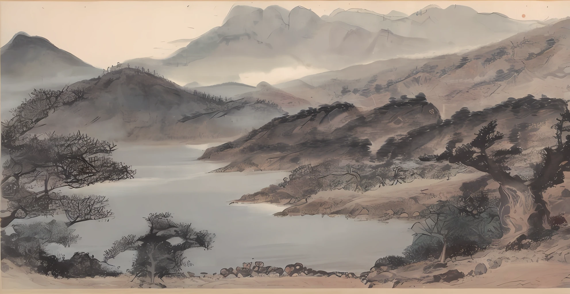 Sumi-e、Mountains and sea、pine trees