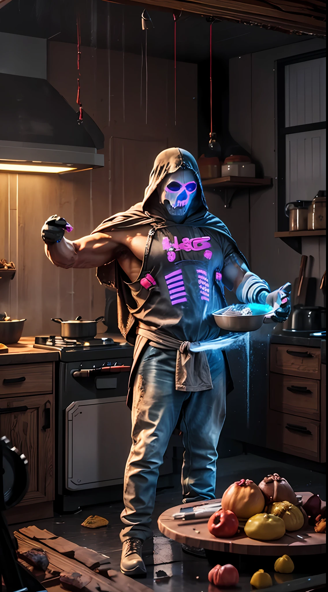 Masterpiece, fotografia profesional dslr de cuerpo completo, ghost cooking in a wood kitchen, creative, neon colors, colorful, luminous, realistic, colorful, 8k, 4k, high resolution, realistic style, mystical, epic sharpness, epic resolution, epic quality,