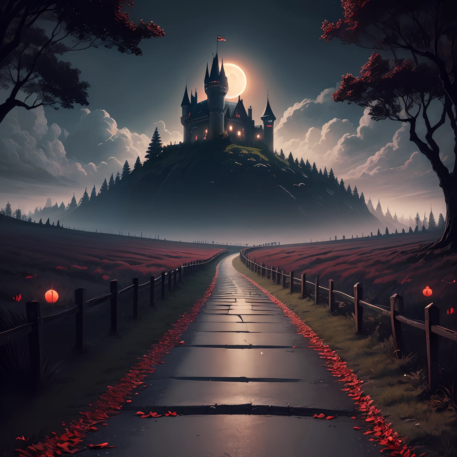 A long road leads to the castle in the forest,Light and darkness,themoon,Black night,Fortress of fantasy,borgar,the bats,Art and beauty,Castle,Broken,Blood-red eyes in the dark,Red Moon,Demons in the sky