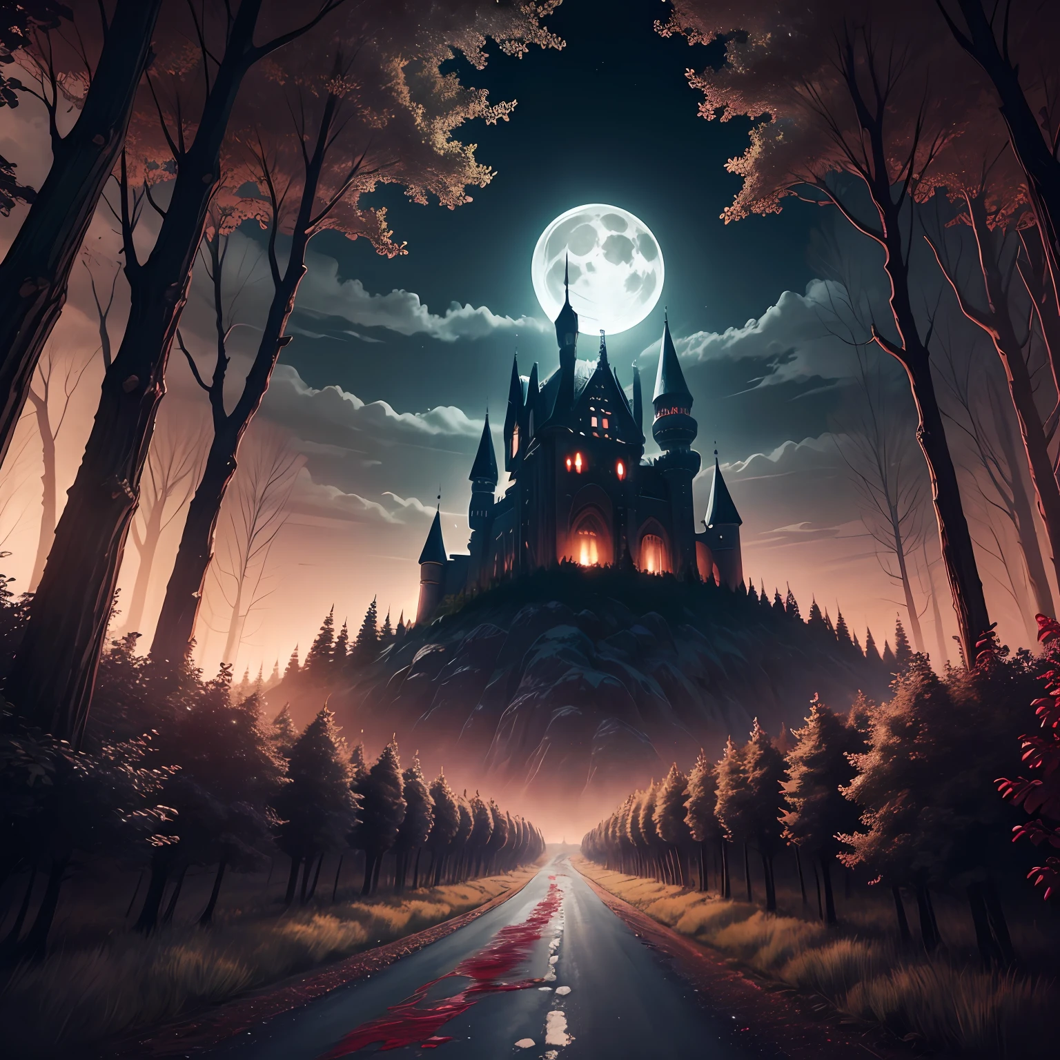 A long road leads to the castle in the forest,Light and darkness,themoon,Black night,Fortress of fantasy,borgar,the bats,Art and beauty,Castle,Broken,Blood-red eyes in the dark,Red Moon,Demons in the sky