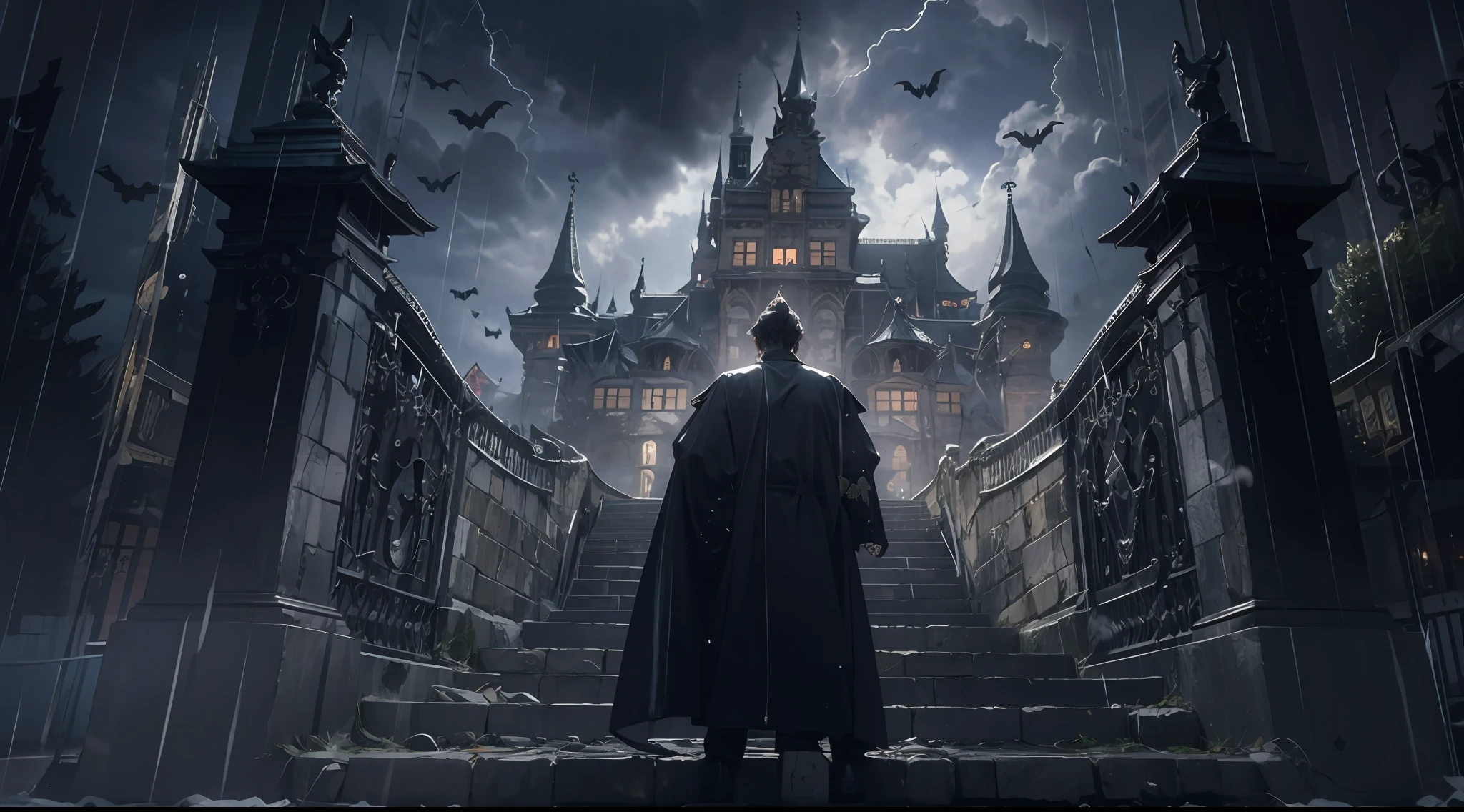 Dark, raiden, downpours, Dracula Castle, Spooky wrought iron doors, Magnificent epic castle, Delicate details, the bats, thin fog, The back of the figure outside the door, Shoot the lens at a low angle, Gothic art, projected inset, Wide shot, hyper HD, Masterpiece, Textured skin, Super detail, High details, High quality, Award-Awarded, Best quality, A high resolution, 8K