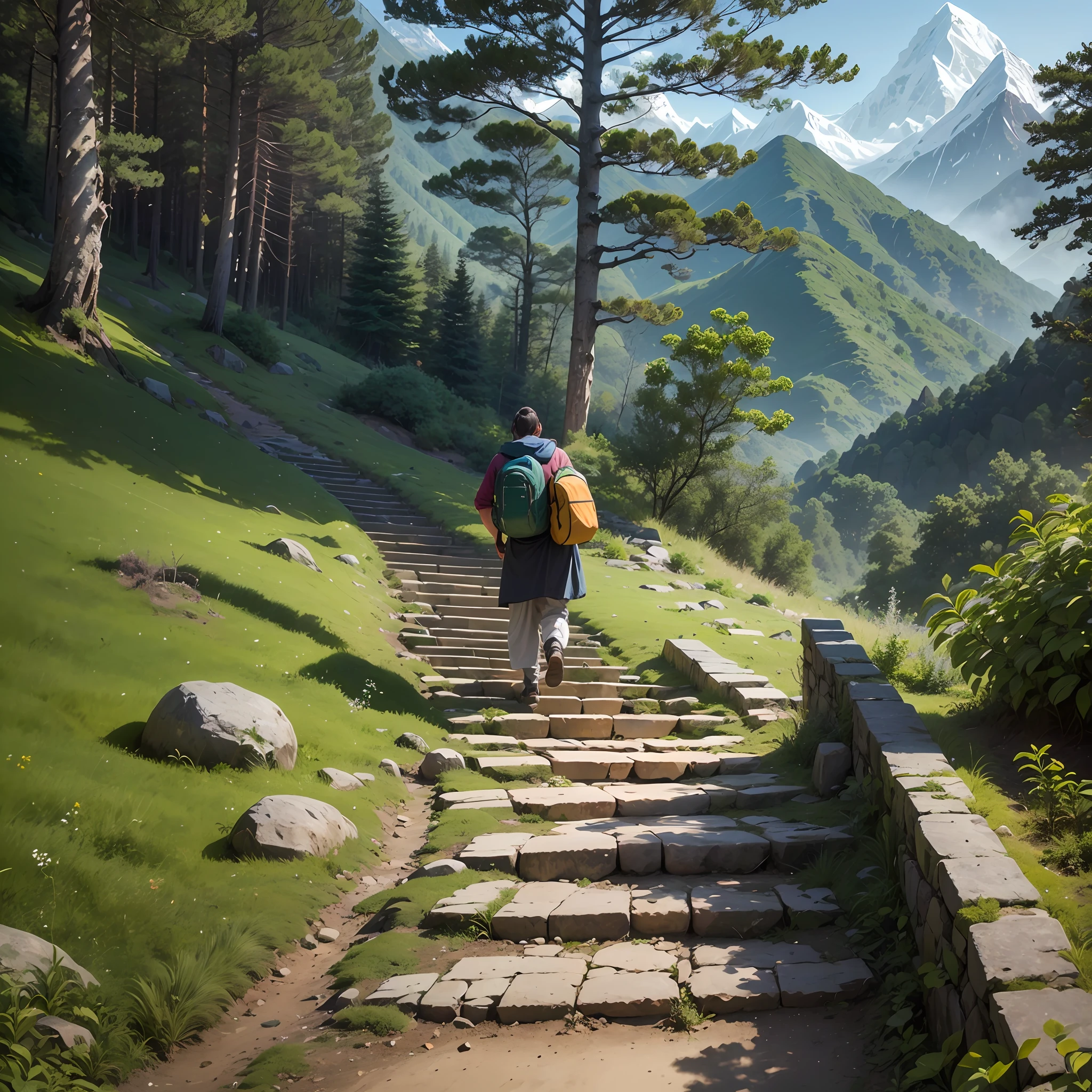 The crisp mountain air fills your lungs, invigorating your senses, as you embark on a trek through the verdant forests that cloak the lower regions of the Himalayas. Each step brings you closer to nature, and you can't help but marvel at the diverse flora and fauna that call this region home. --auto --s2